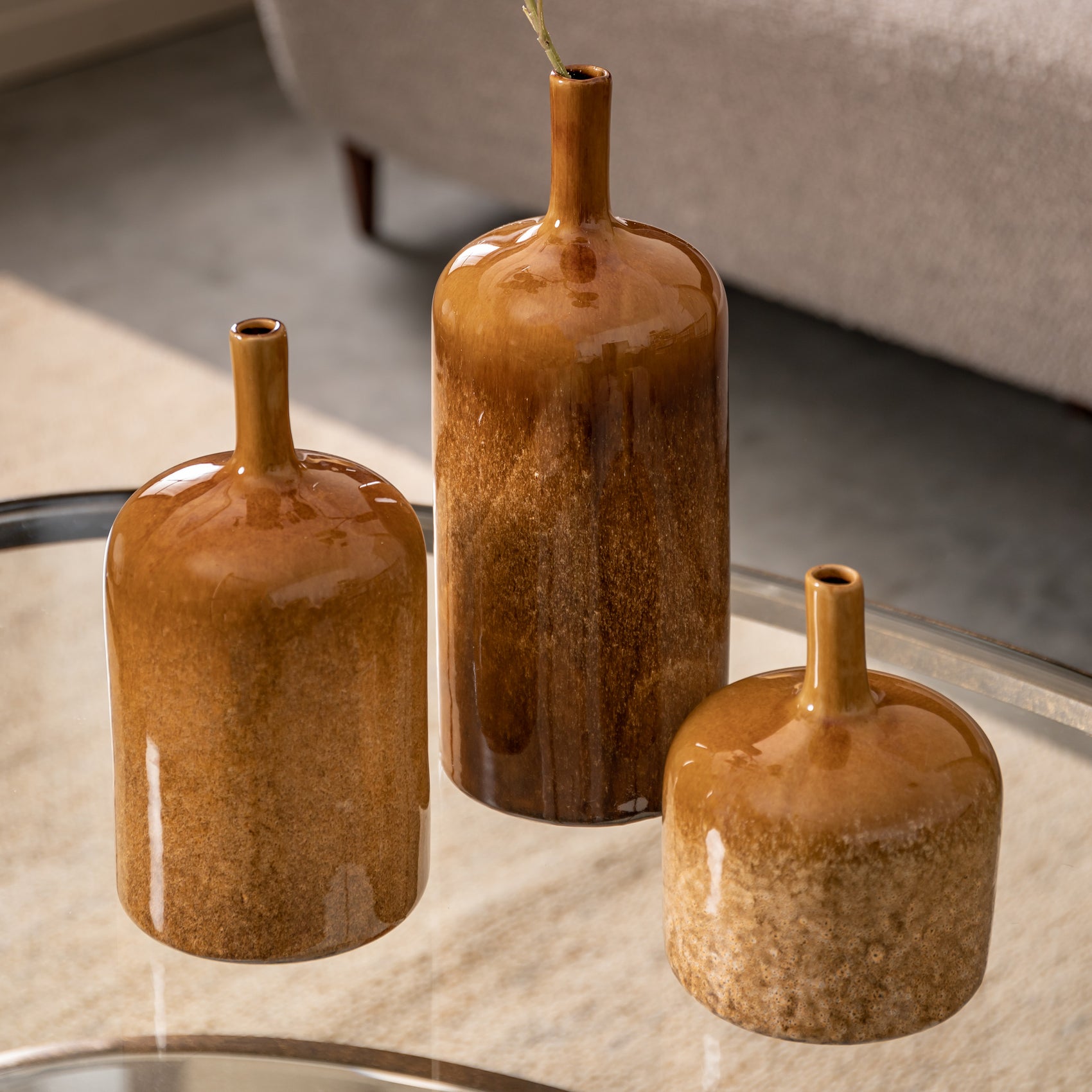 Set of 3 Trobridge Ceramic Gloss Glazed Brown Vases