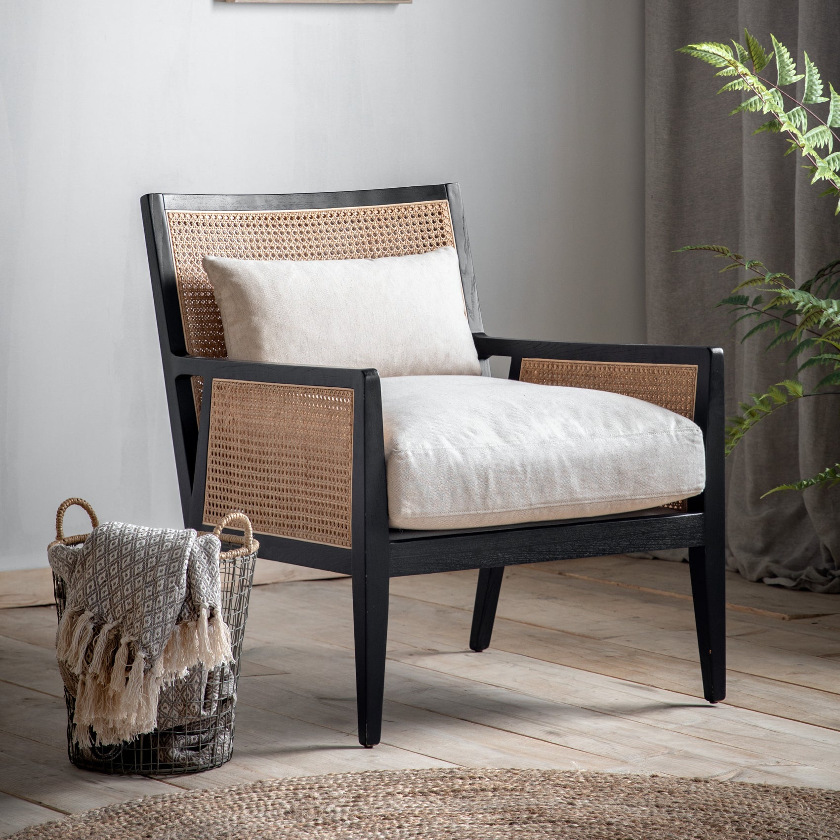 Benito Black Wood & Rattan Cream Armchair