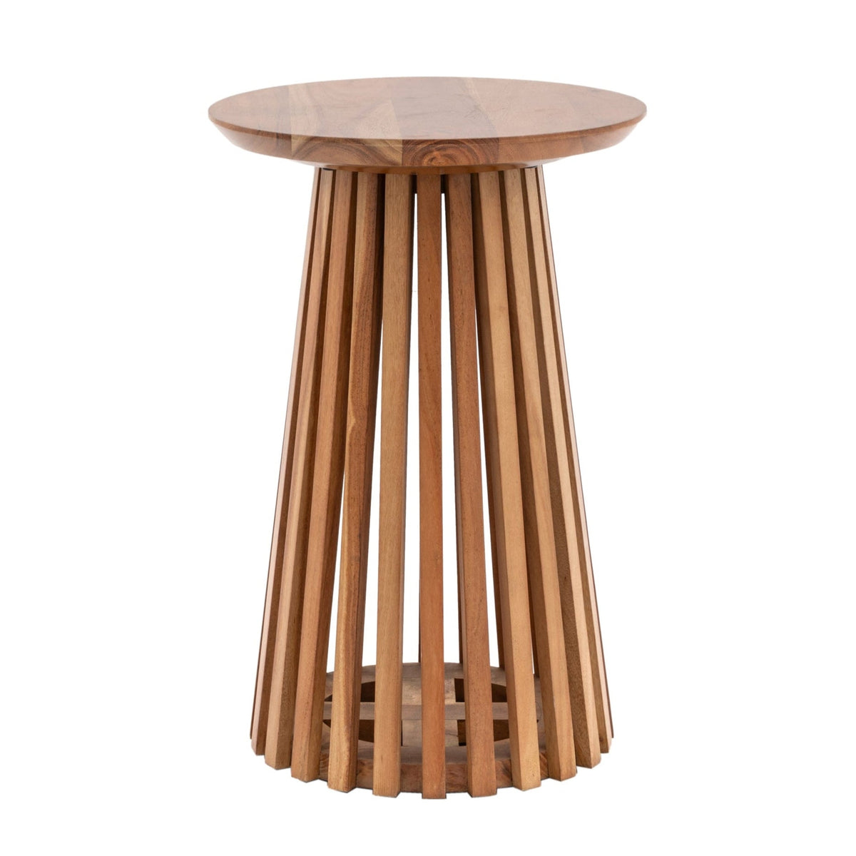 Takoma Slatted Polished Acacia Wood Round Side Table