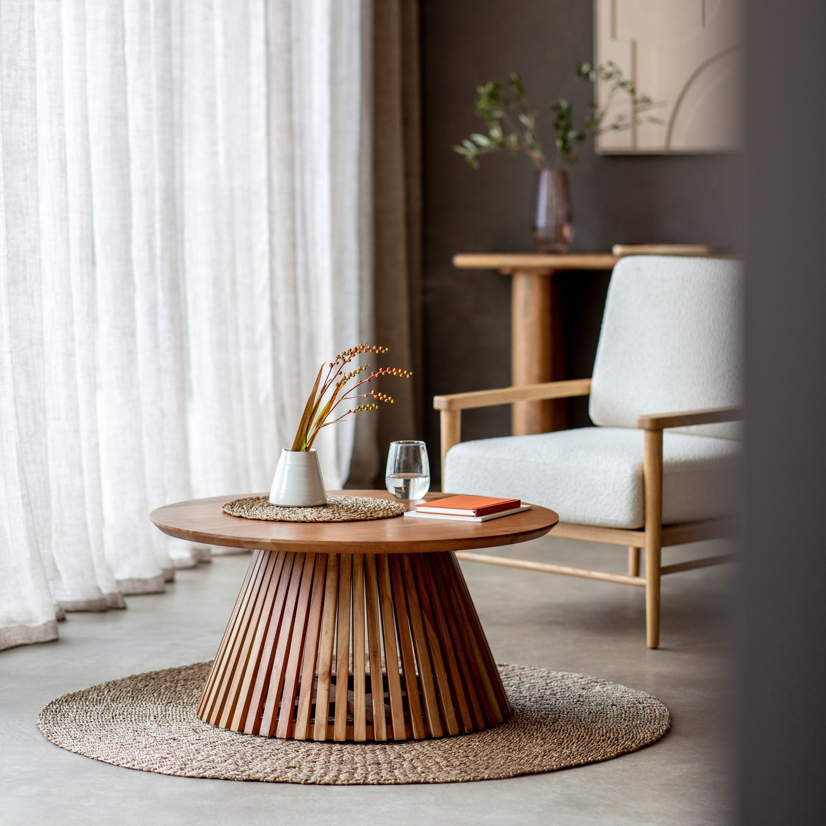 Takoma Japandi Slatted Acacia Wood Round Coffee Table