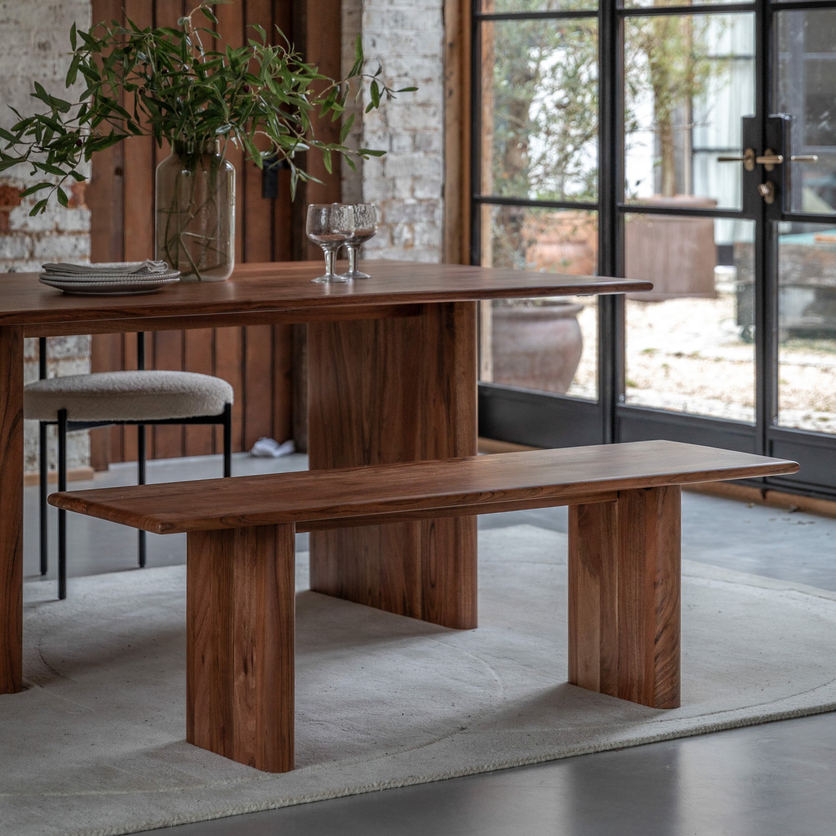 Marta Natural Carved Acacia Wood Dining Bench | Medium