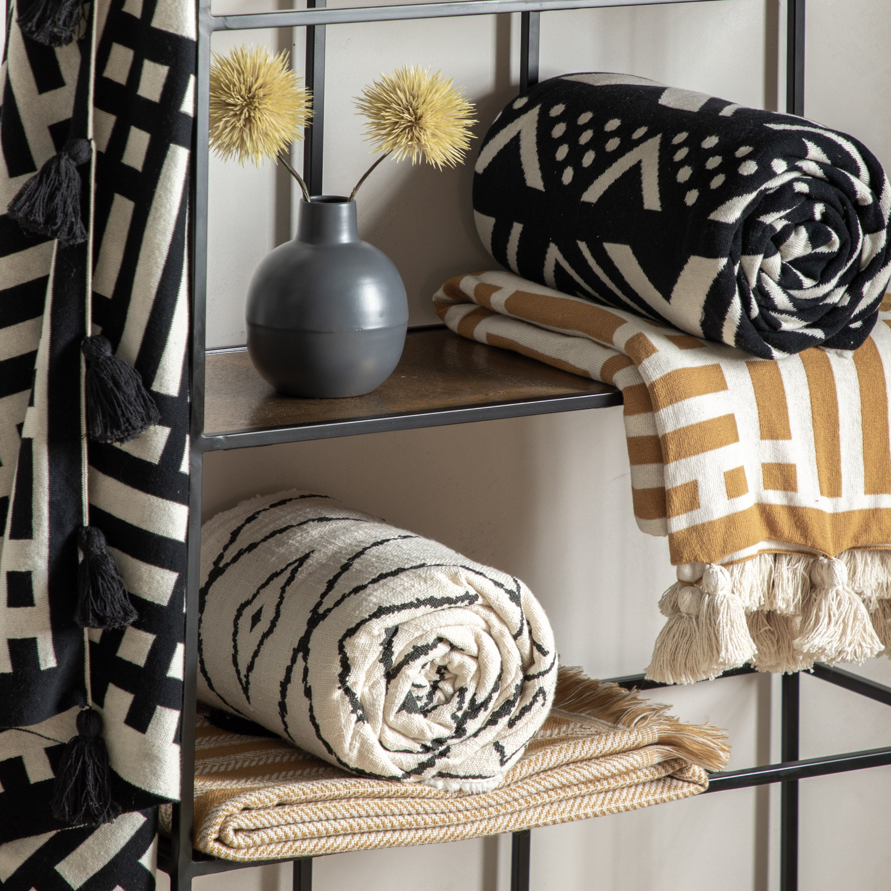 Mayfair Black Aztec Knitted Tassel Throw