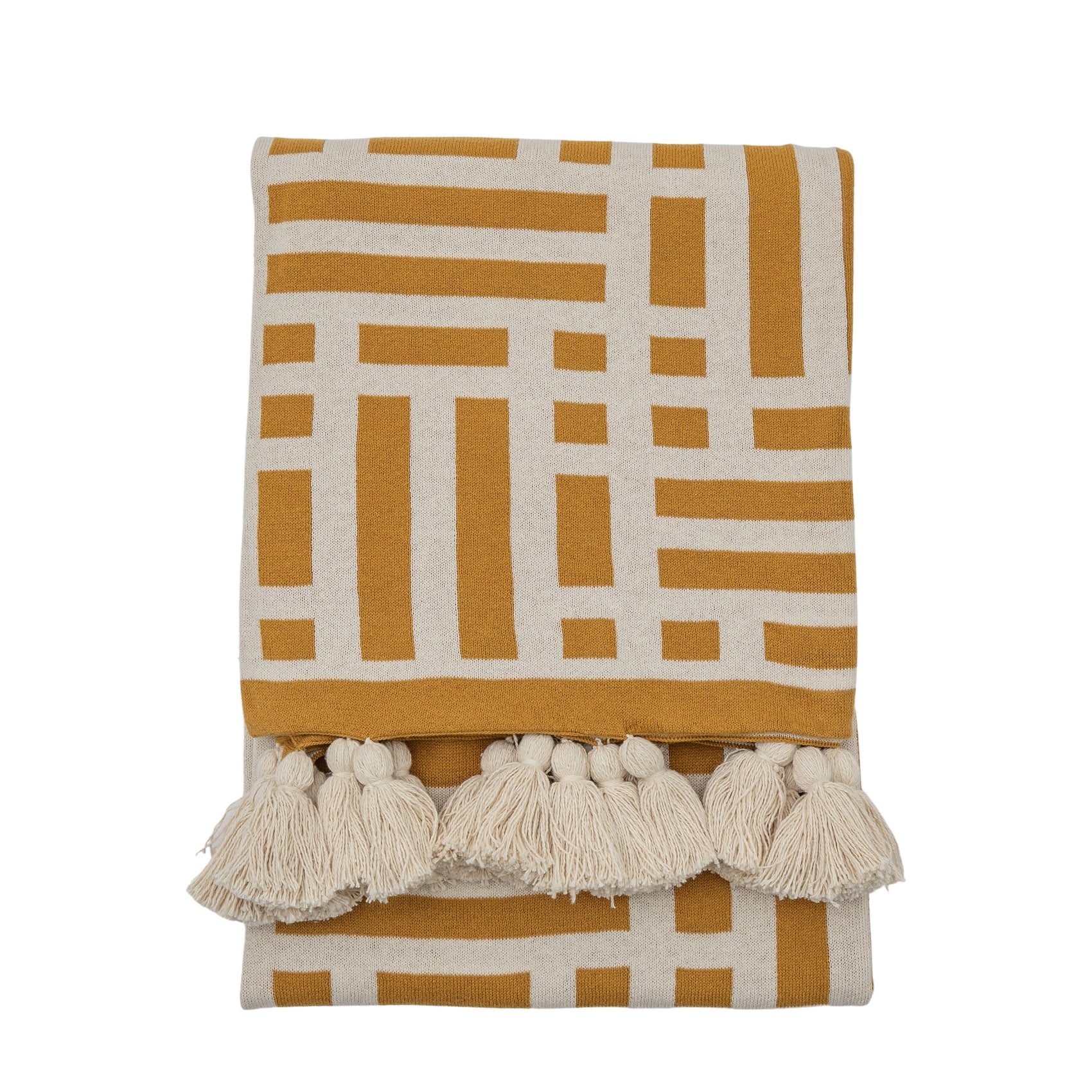 Mayfair Aztec Knitted Tassel Ochre Yellow Throw