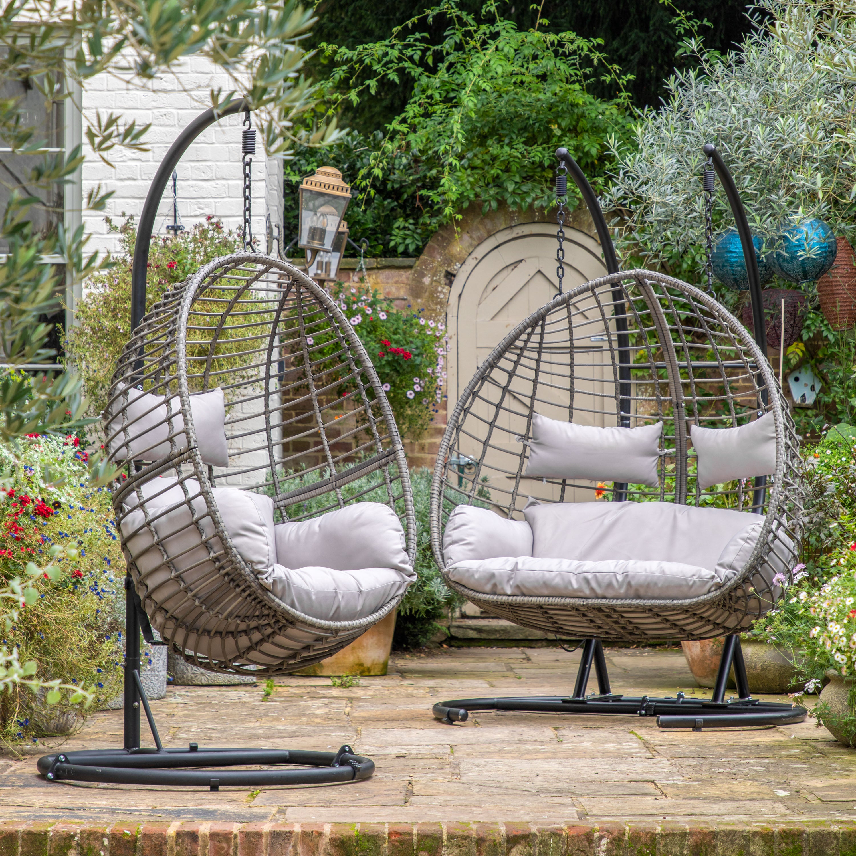 Adalio Grey Wicker Hanging Egg Chair | 2 Seater