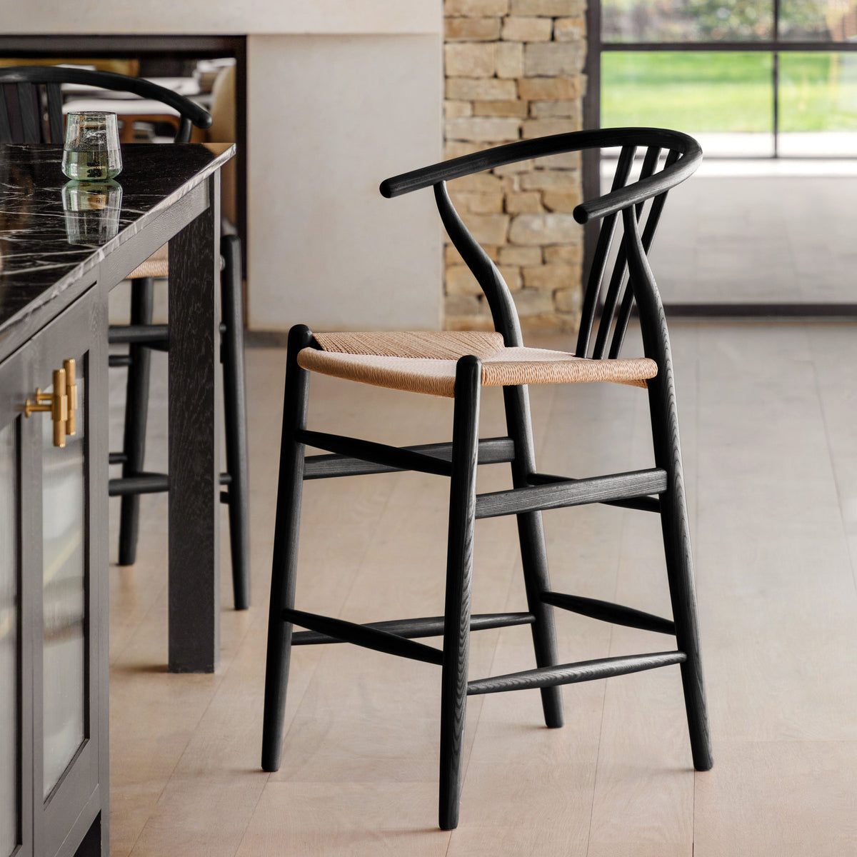 Set of 2 Courtney Rope & Black Oak Wood Bar Stool