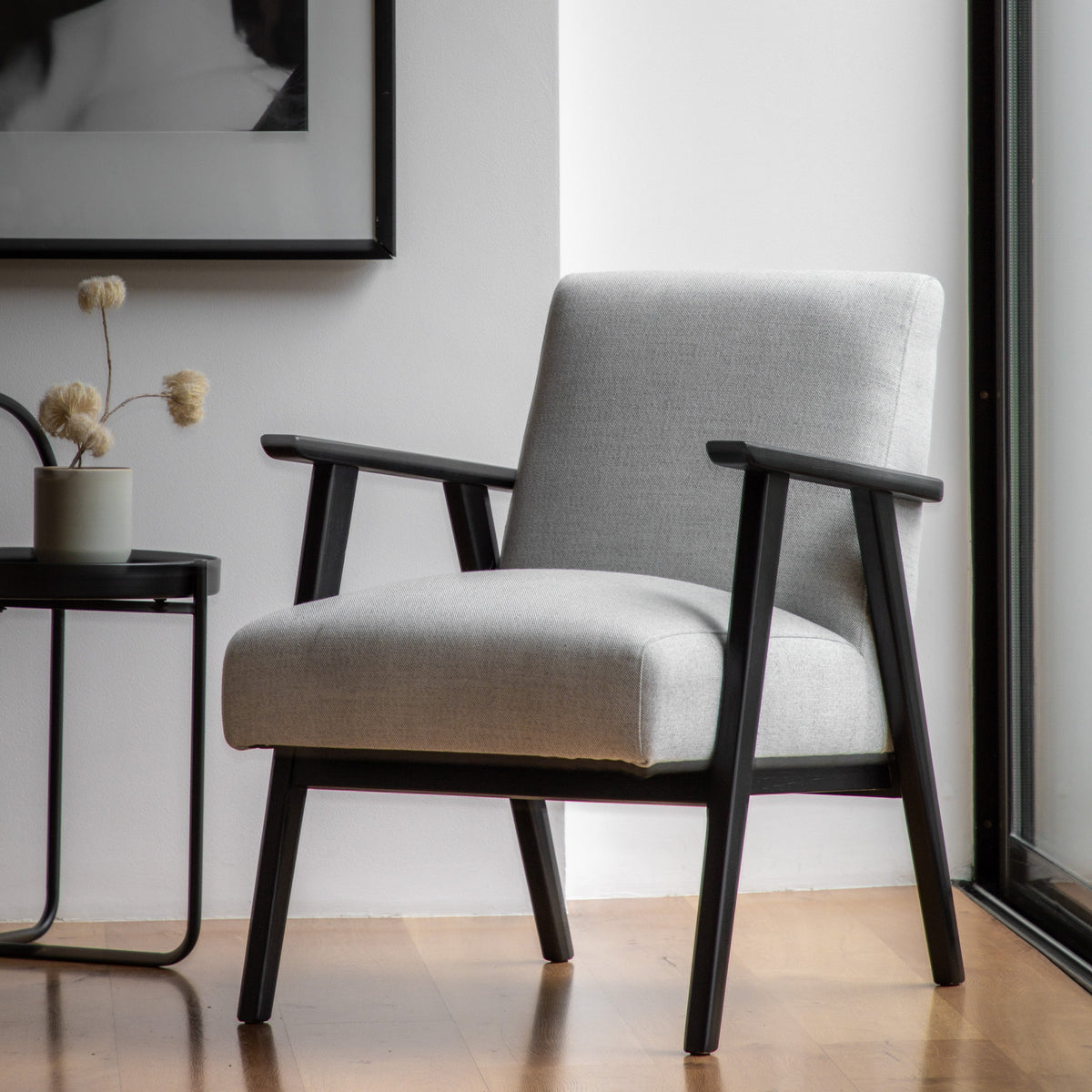 Frieda Black Wood & Mottled Stone Grey Armchair