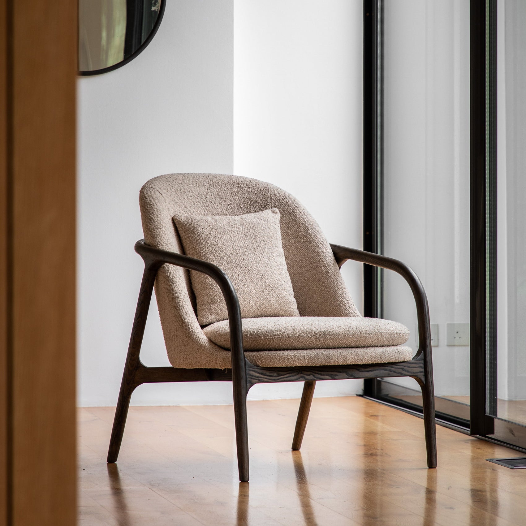Arabella Dark Oak Wood & Taupe Boucle Curved Armchair