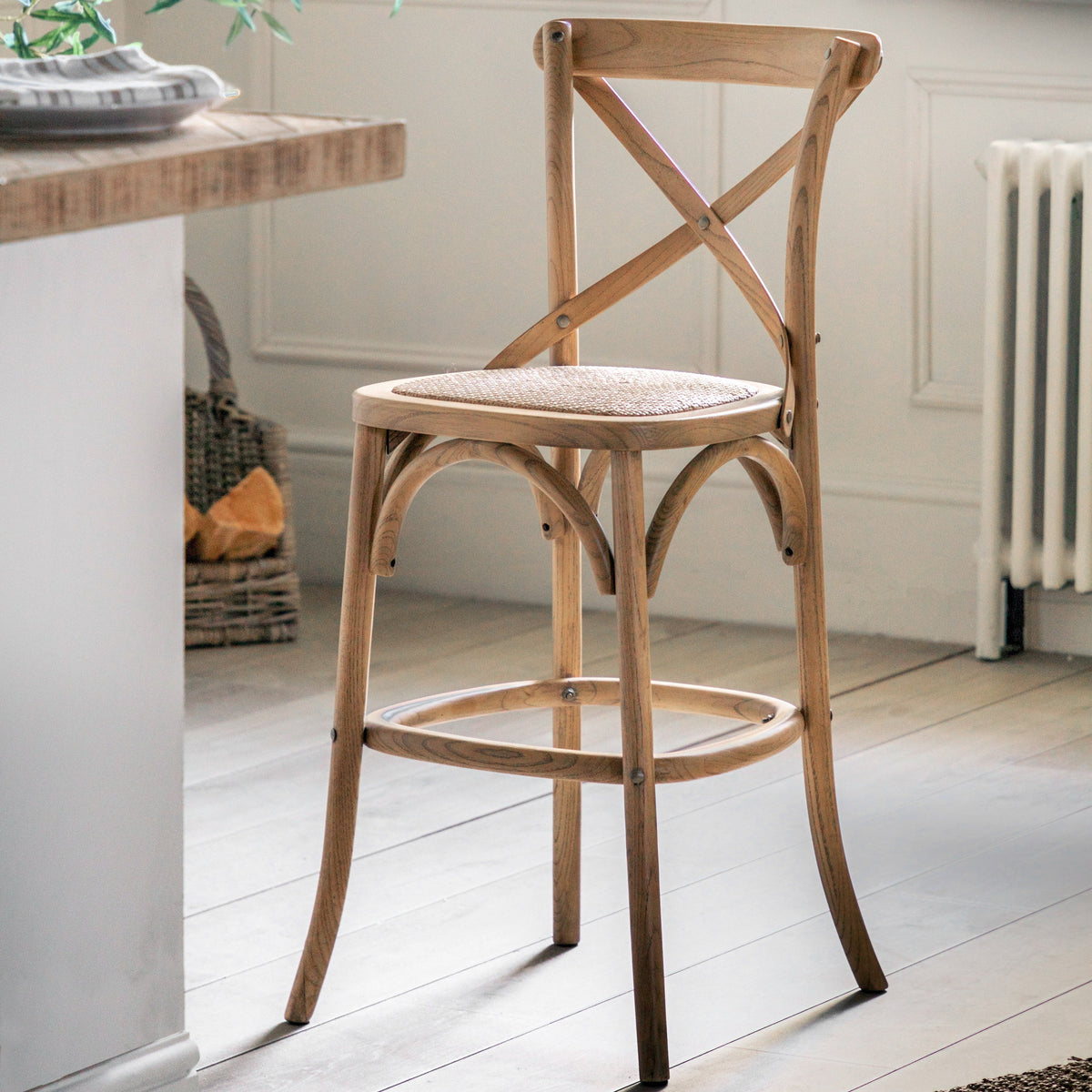 Set of 2 Aspen Natural Wood & Natural Rattan Stool