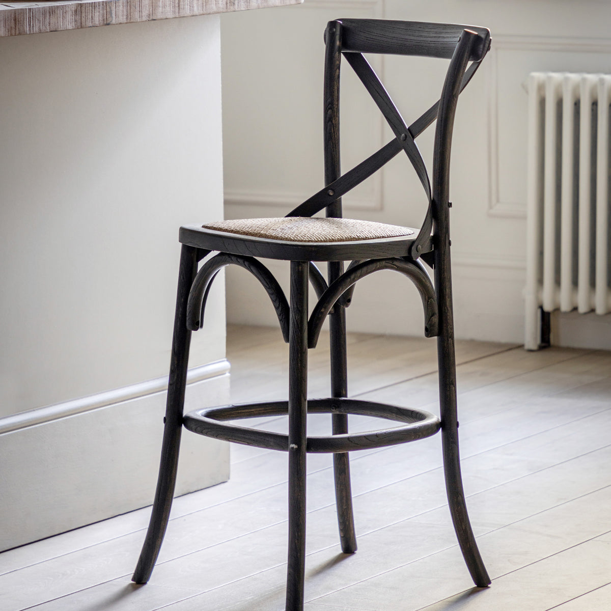 Set of 2 Aspen Black Oak Wood & Natural Rattan Stool