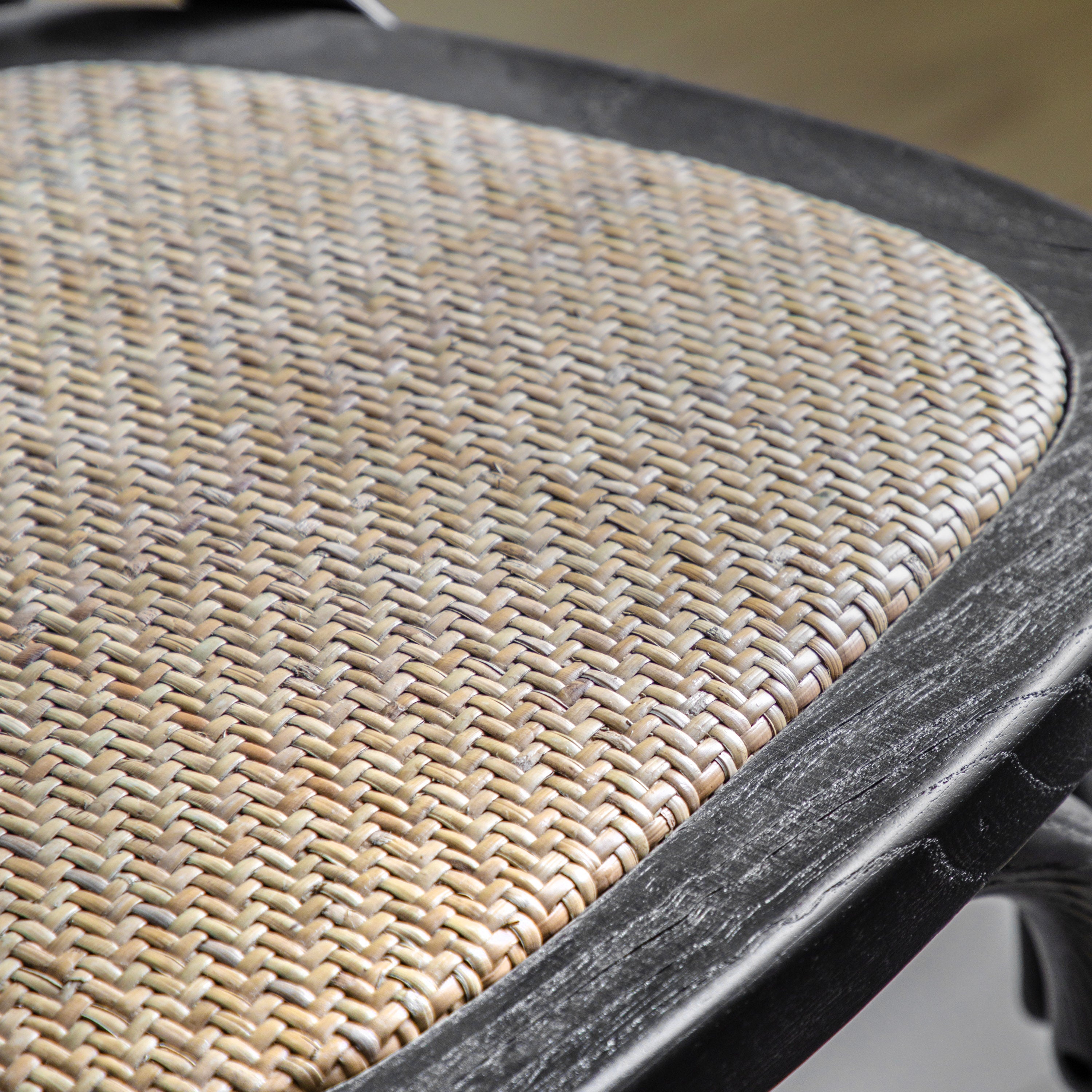 Set of 2 Aspen Black Oak Wood & Natural Rattan Stool