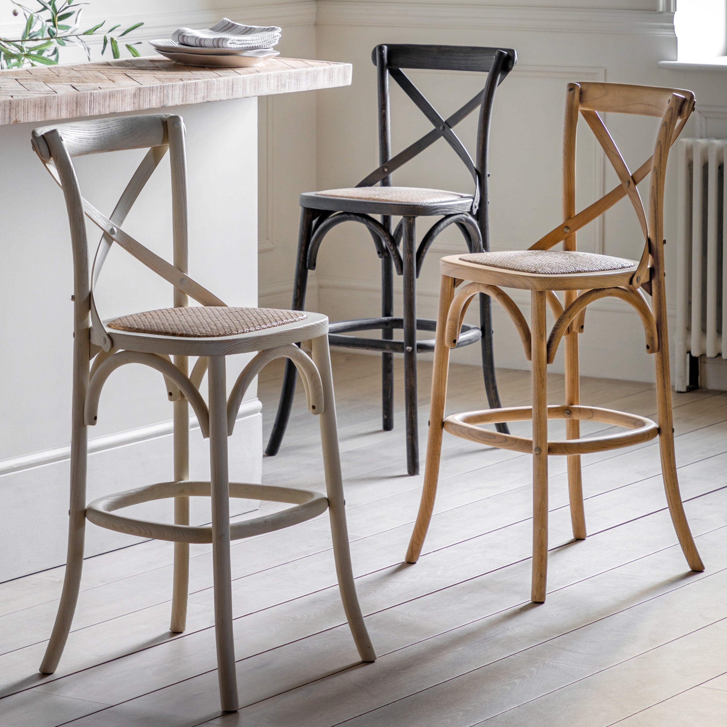 Set of 2 Aspen Black Oak Wood & Natural Rattan Stool