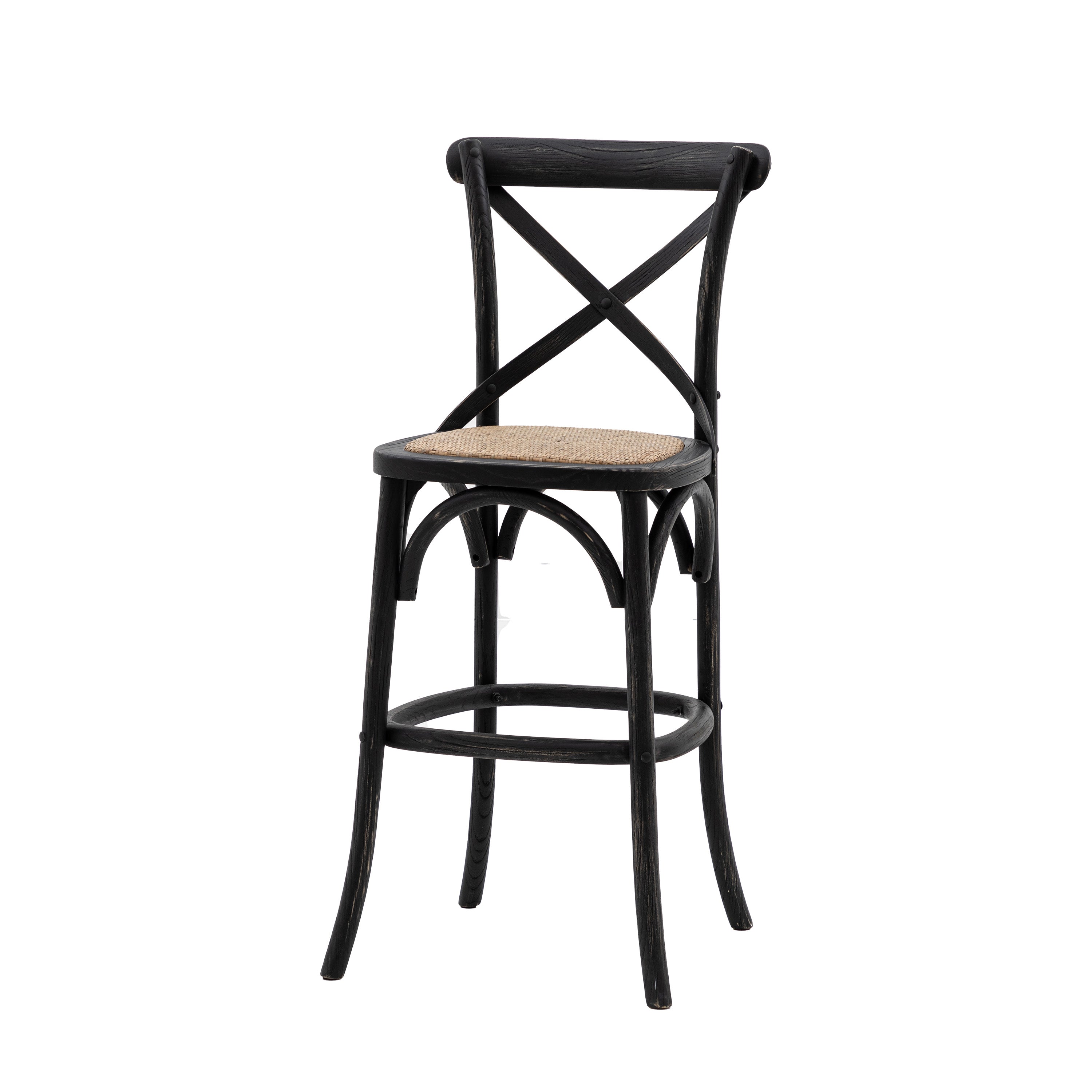 Set of 2 Aspen Black Oak Wood & Natural Rattan Stool