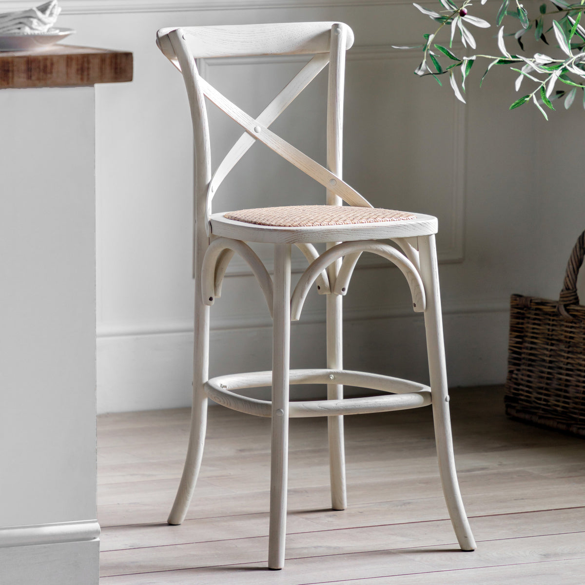 Set of 2 Aspen White Wood & Natural Rattan Stool