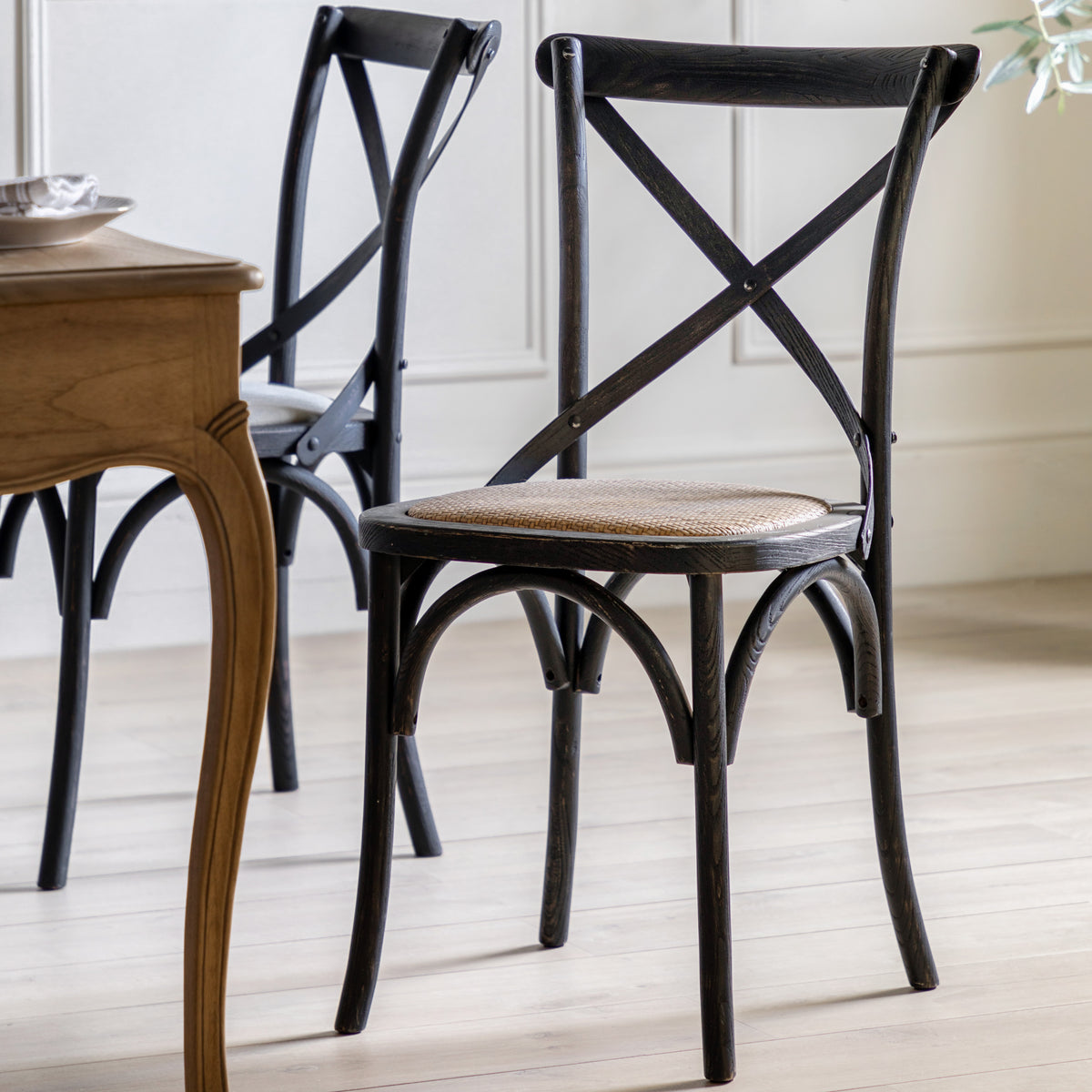 Set of 2 Aspen Black Oak Wood & Rattan Dining Chair