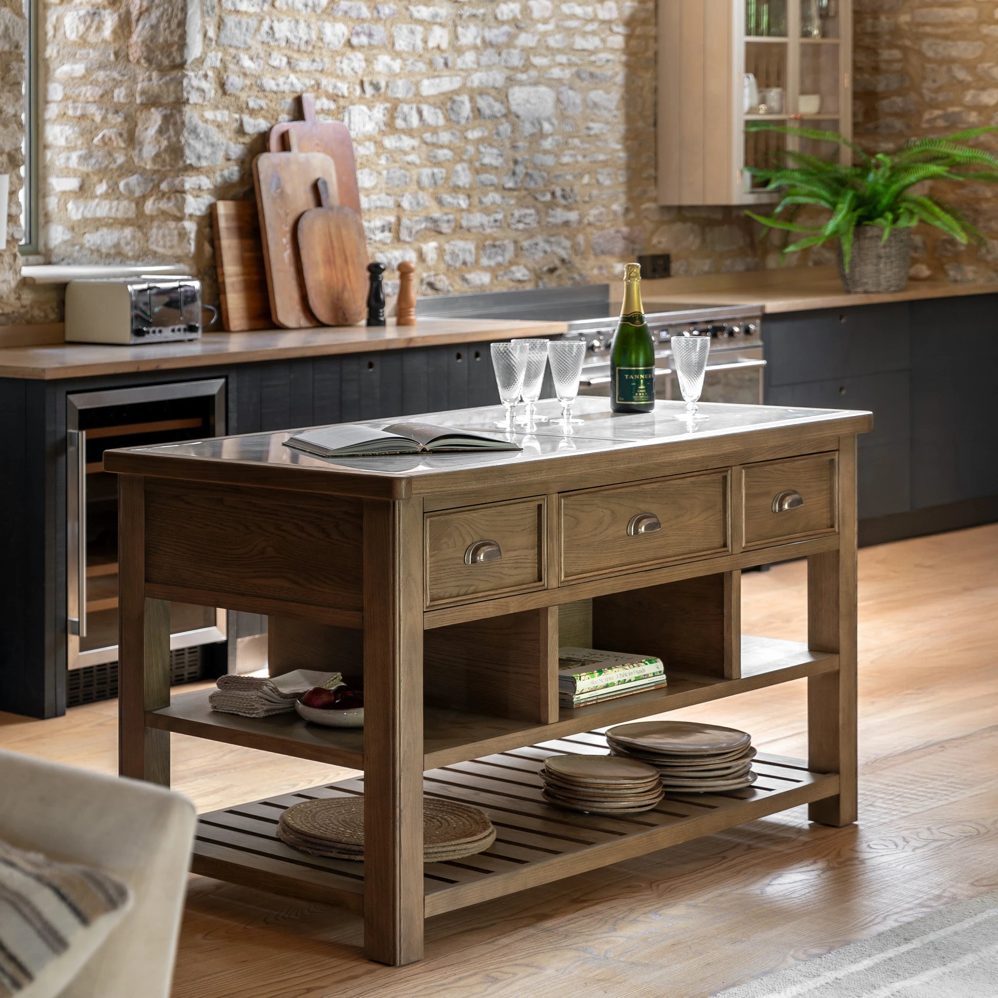 Hartbourne Natural Oak Wood & Marble Kitchen Island