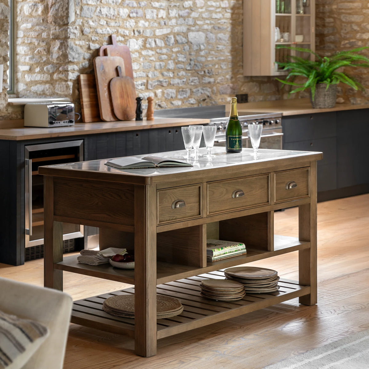 Hartbourne Natural Oak Wood & Marble Kitchen Island