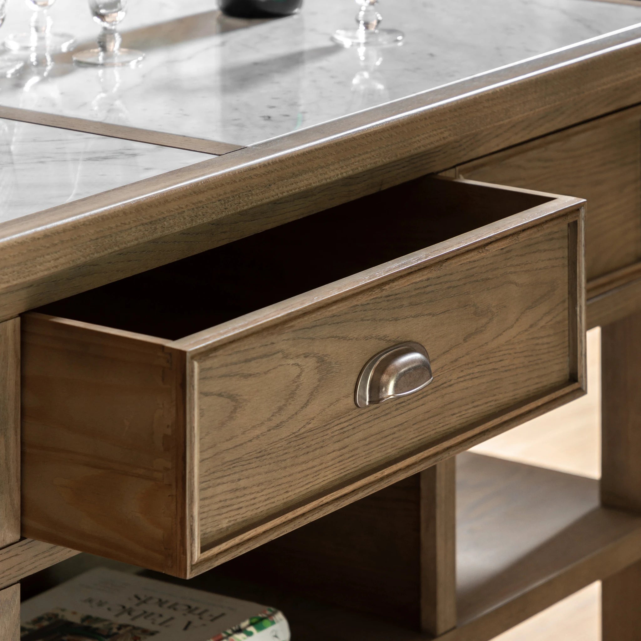 Hartbourne Natural Oak Wood & Marble Kitchen Island