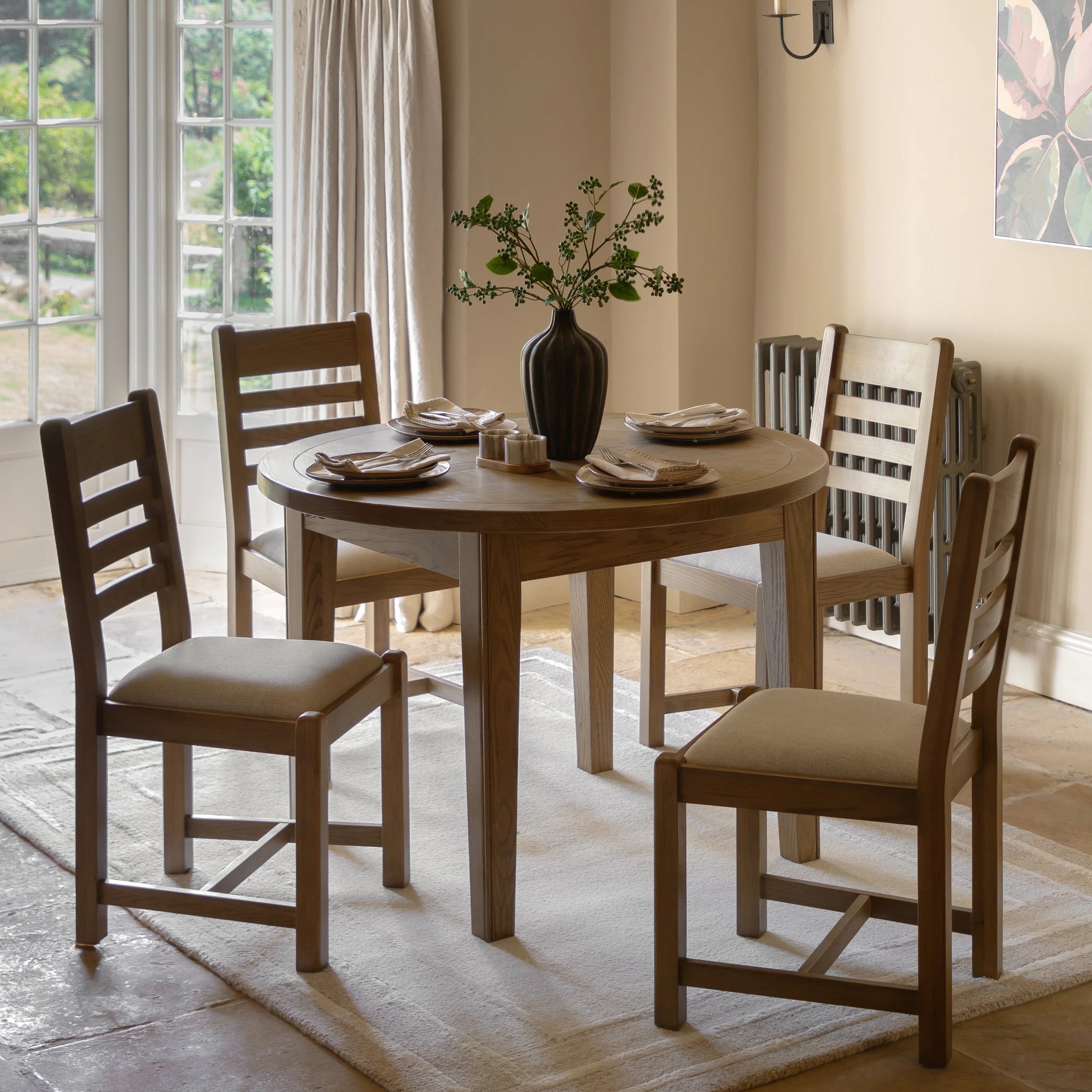 Hartbourne Round Natural Oak Wood Extending Dining Table 110-145cm