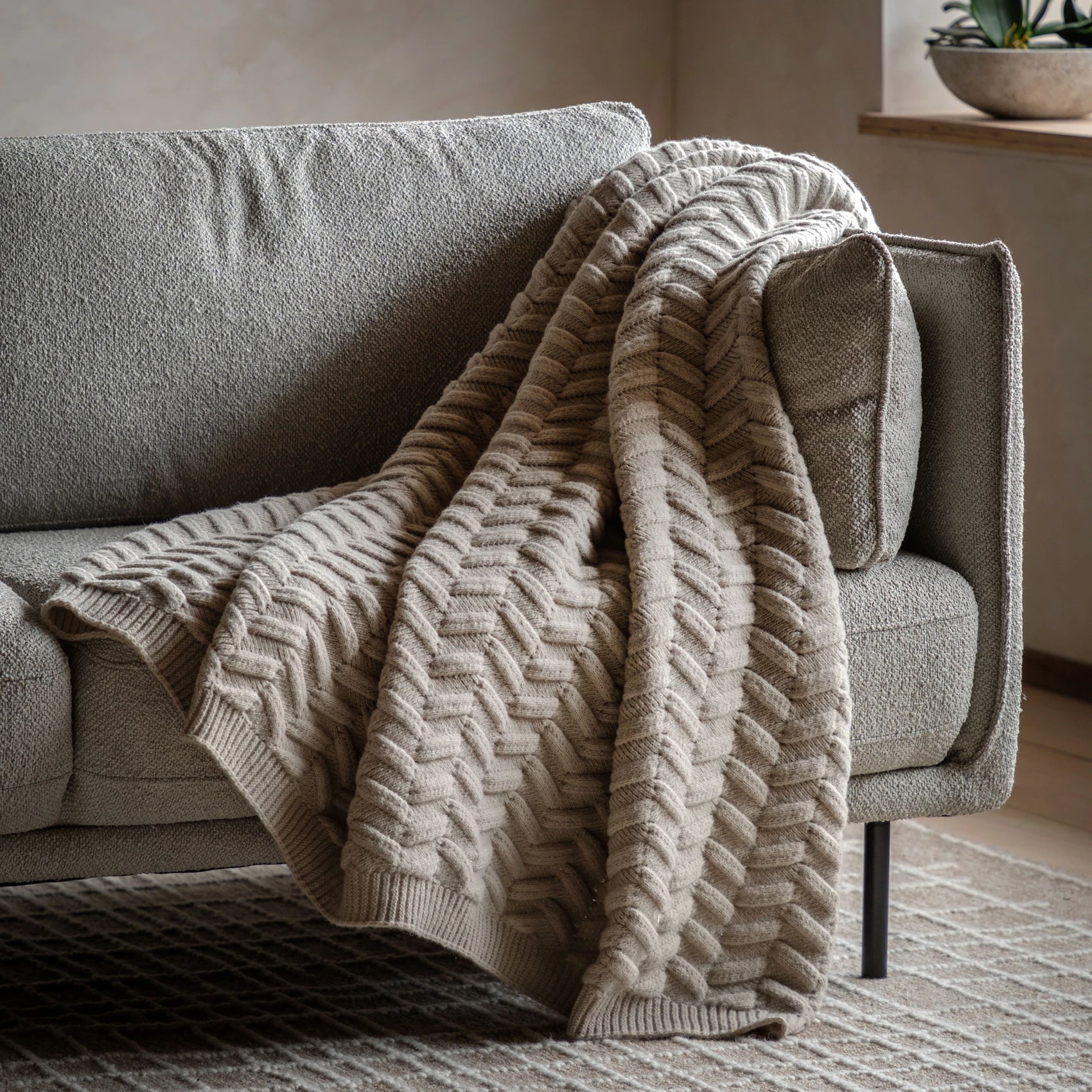 Alderview Herringbone Woven Knit Natural Throw