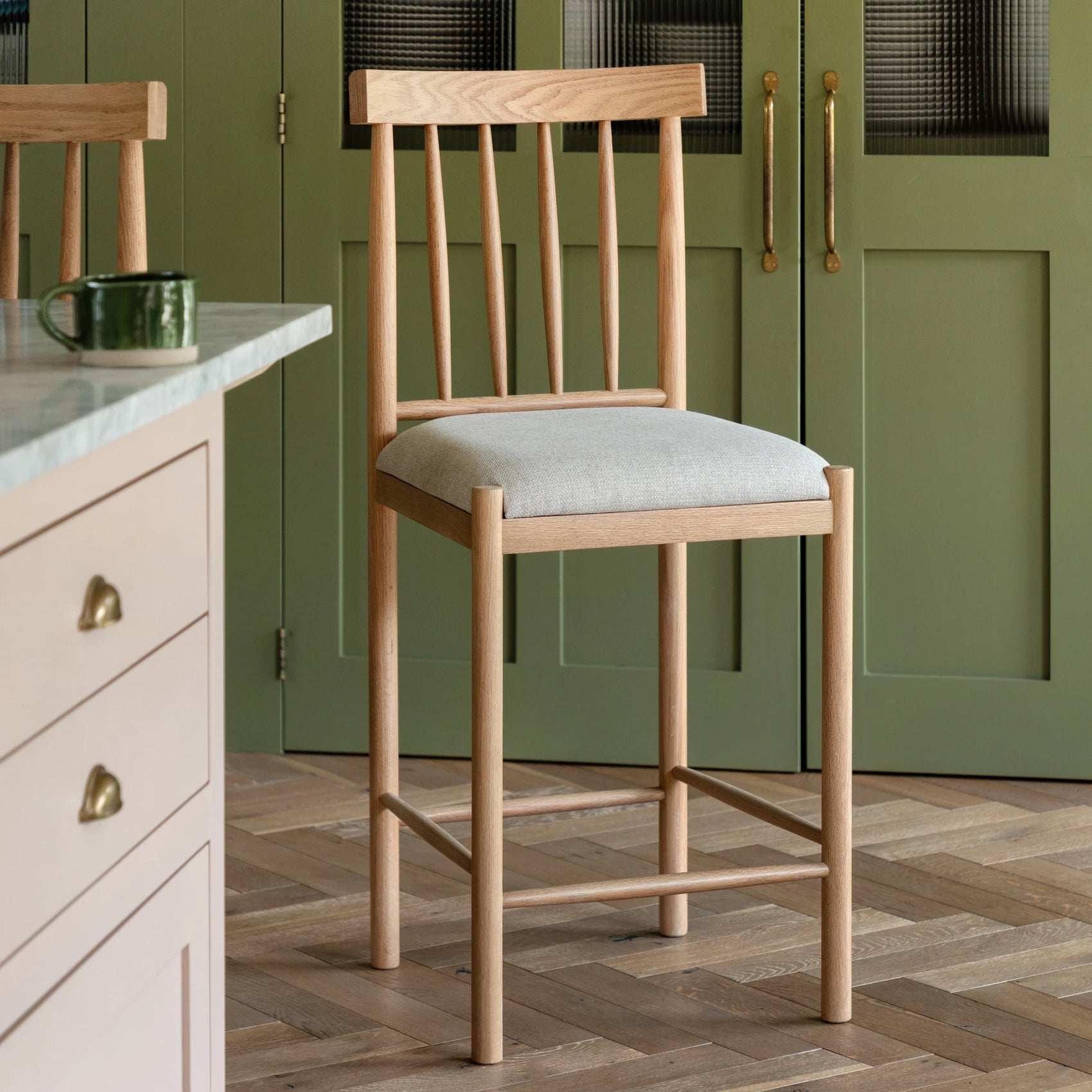 Set of 2 Radley Natural Oak Wood Upholstered Bar Stools