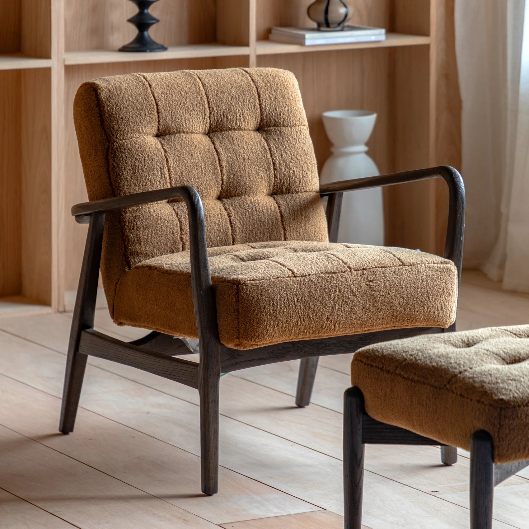 Fiona Ochre Faux Sheepskin & Black Oak Wood Armchair