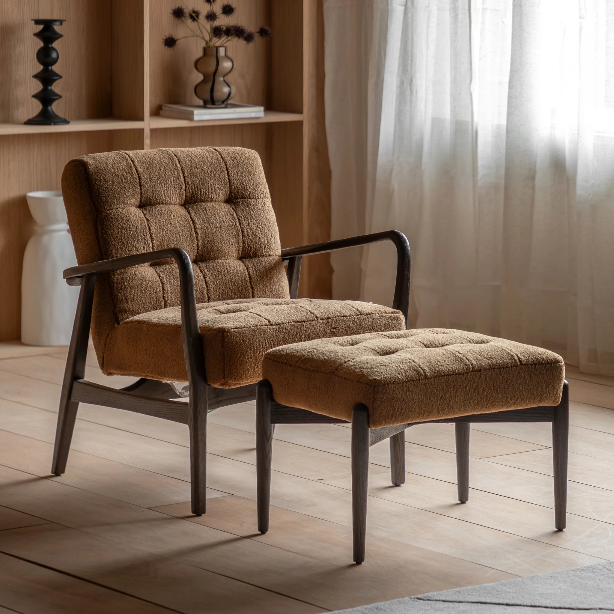 Fiona Ochre Faux Sheepskin & Black Oak Wood Armchair