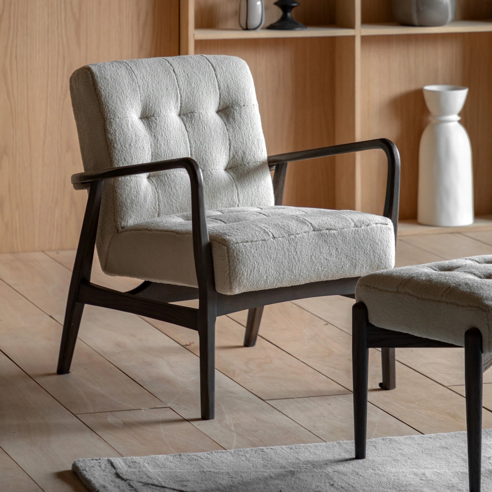 Fiona Cream Faux Sheepskin & Black Oak Wood Armchair