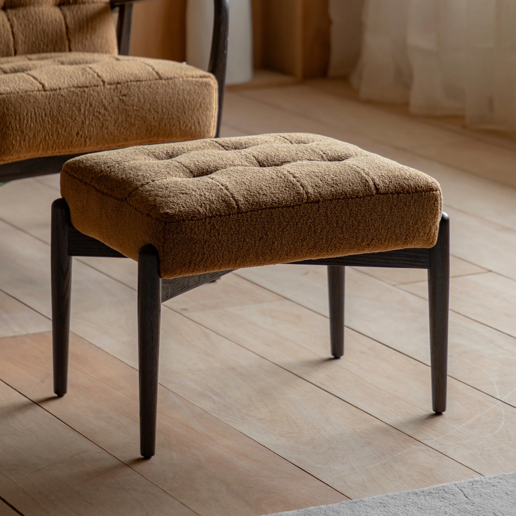 Fiona Ochre Faux Sheepskin & Black Oak Wood Footstool