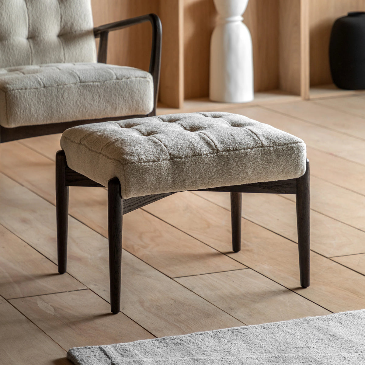 Fiona Cream Faux Sheepskin & Black Oak Wood Footstool