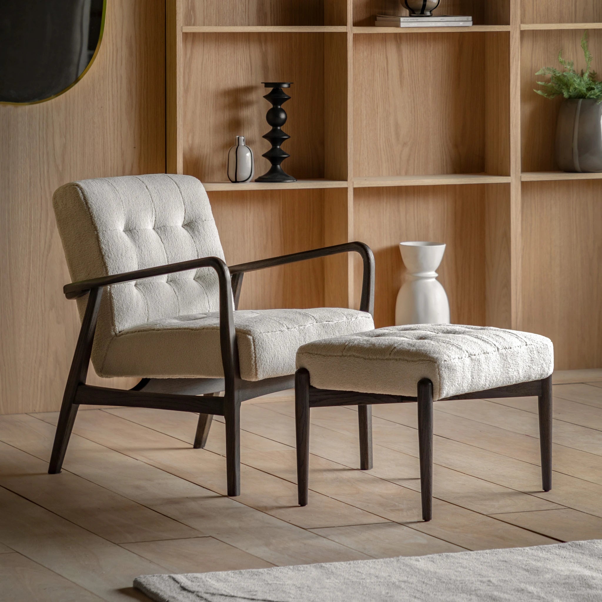 Fiona Cream Faux Sheepskin & Black Oak Wood Footstool