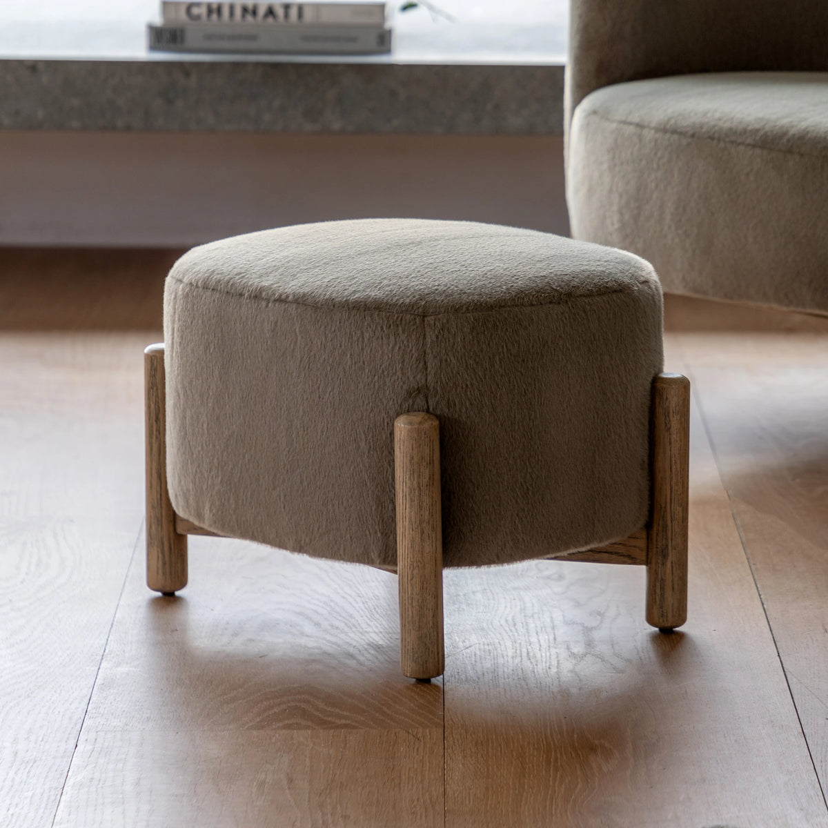 Hobson Alaska Khaki Green Faux Fur Footstool