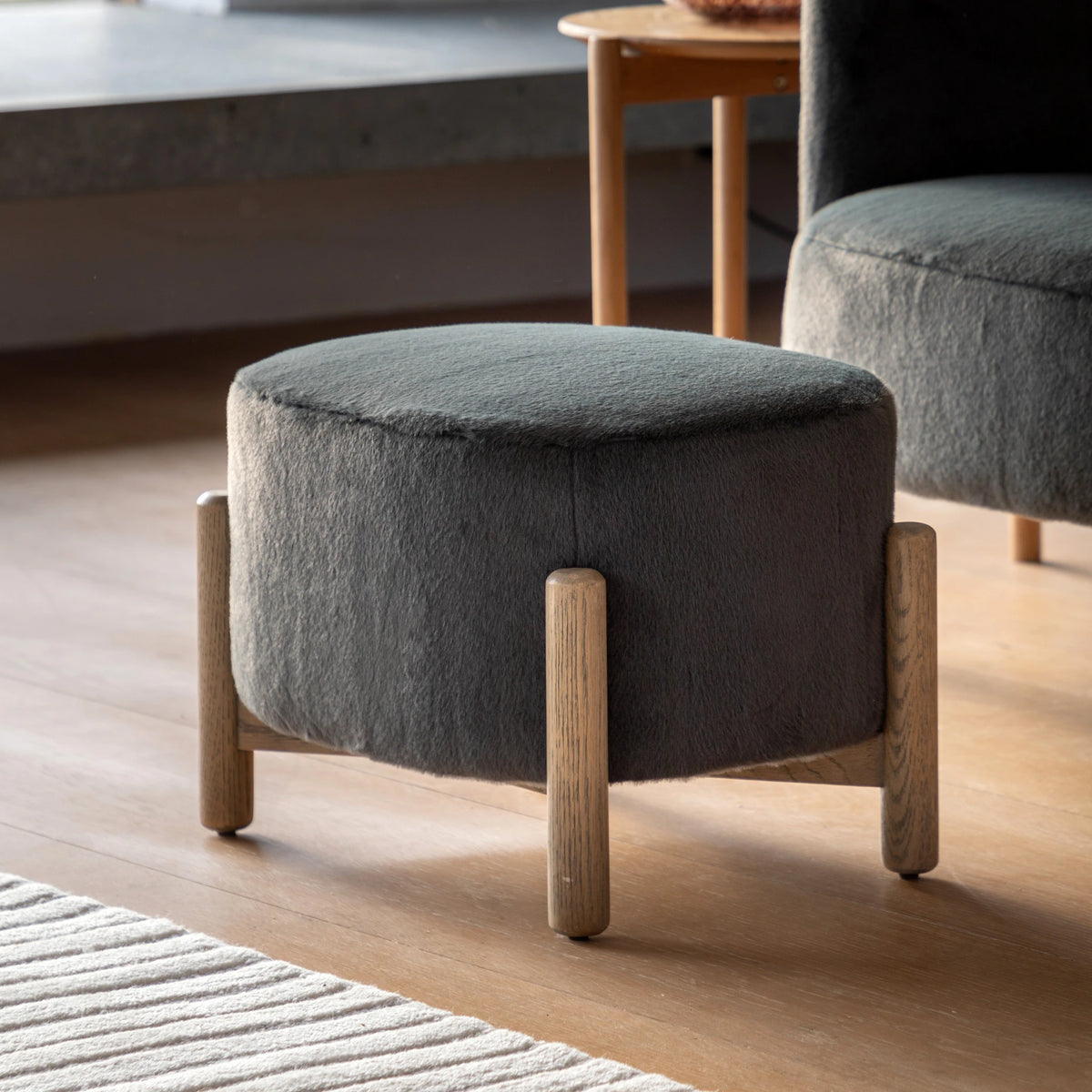 Hobson Alaska Graphite Grey Faux Fur Footstool