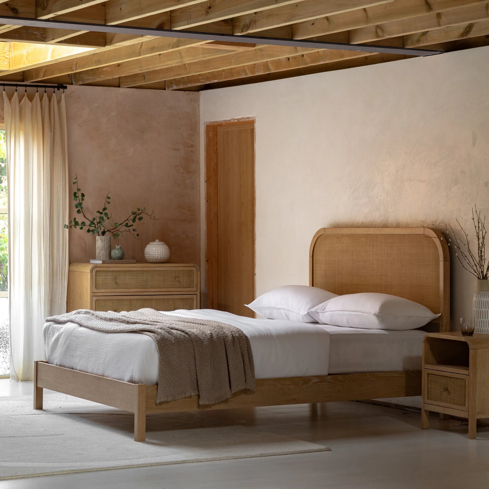 Sonoma Natural Oak Wood & Rattan King Size Bed