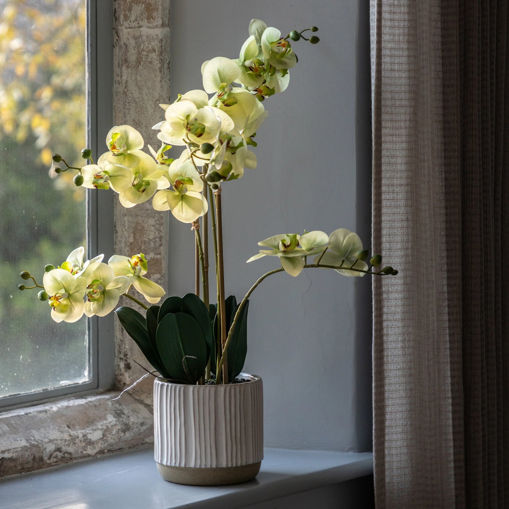 Florielle White Ribbed Ceramic Pot Faux Orchid