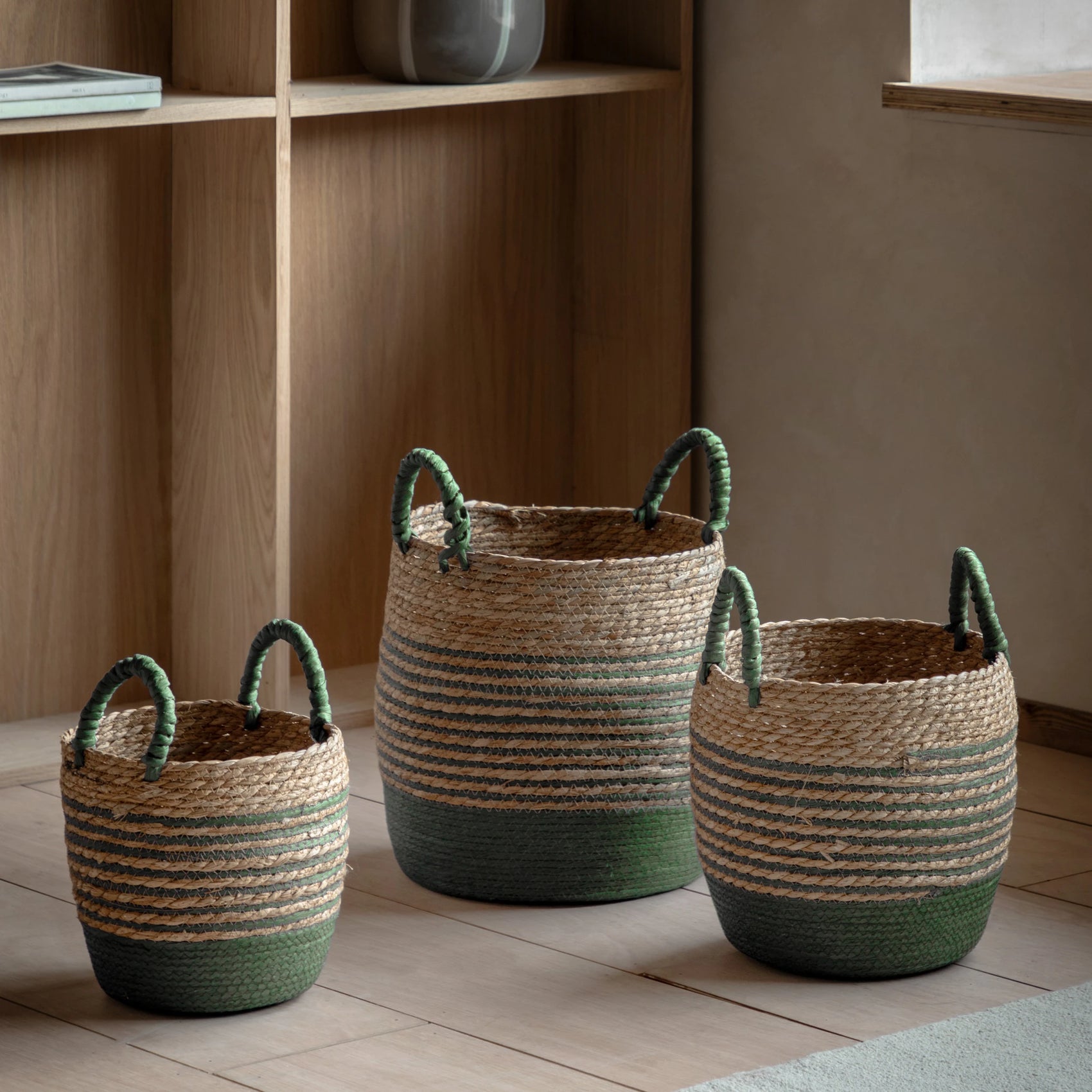 Set of 3 Alderplace Seagrass Olive Green Striped Baskets