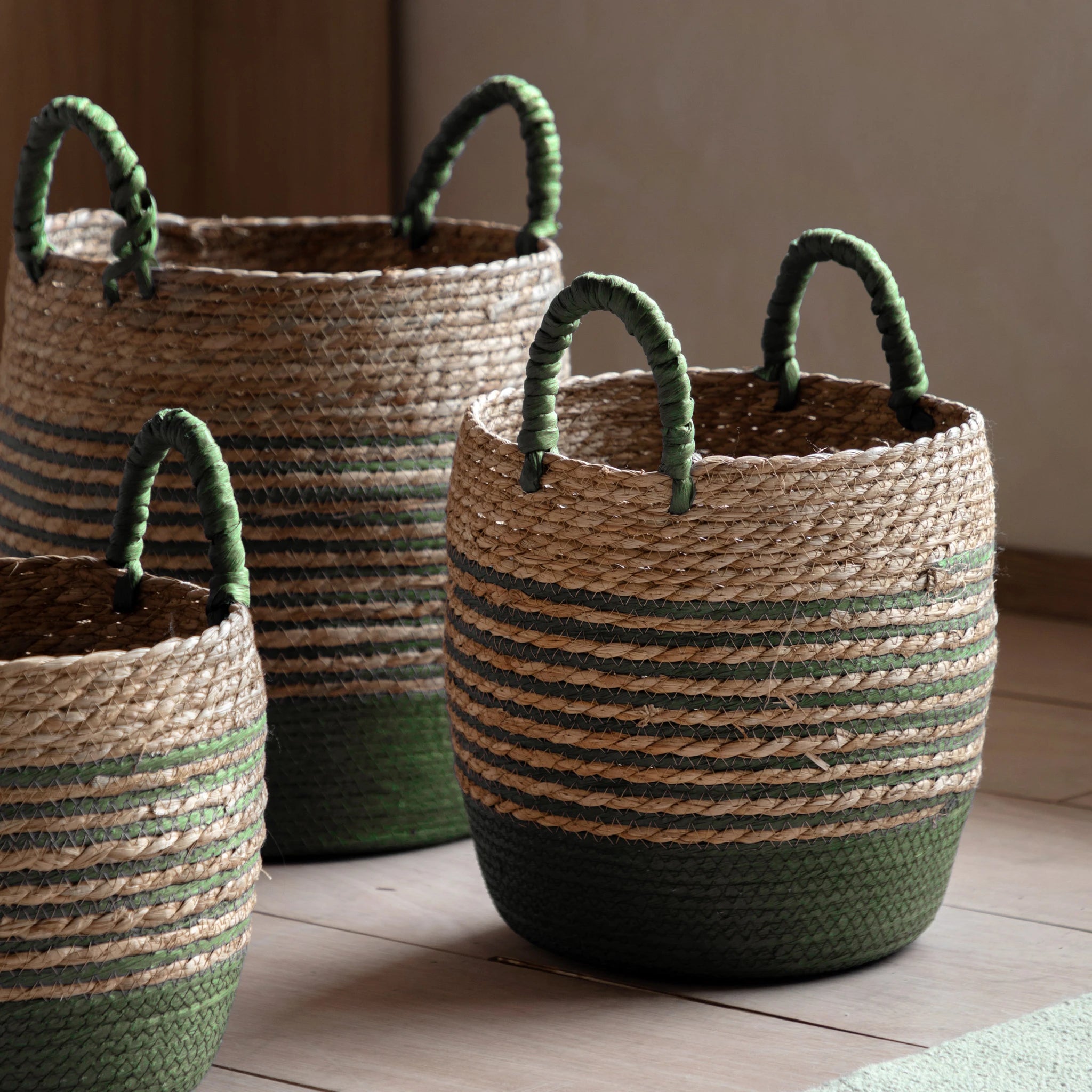 Set of 3 Alderplace Seagrass Olive Green Striped Baskets