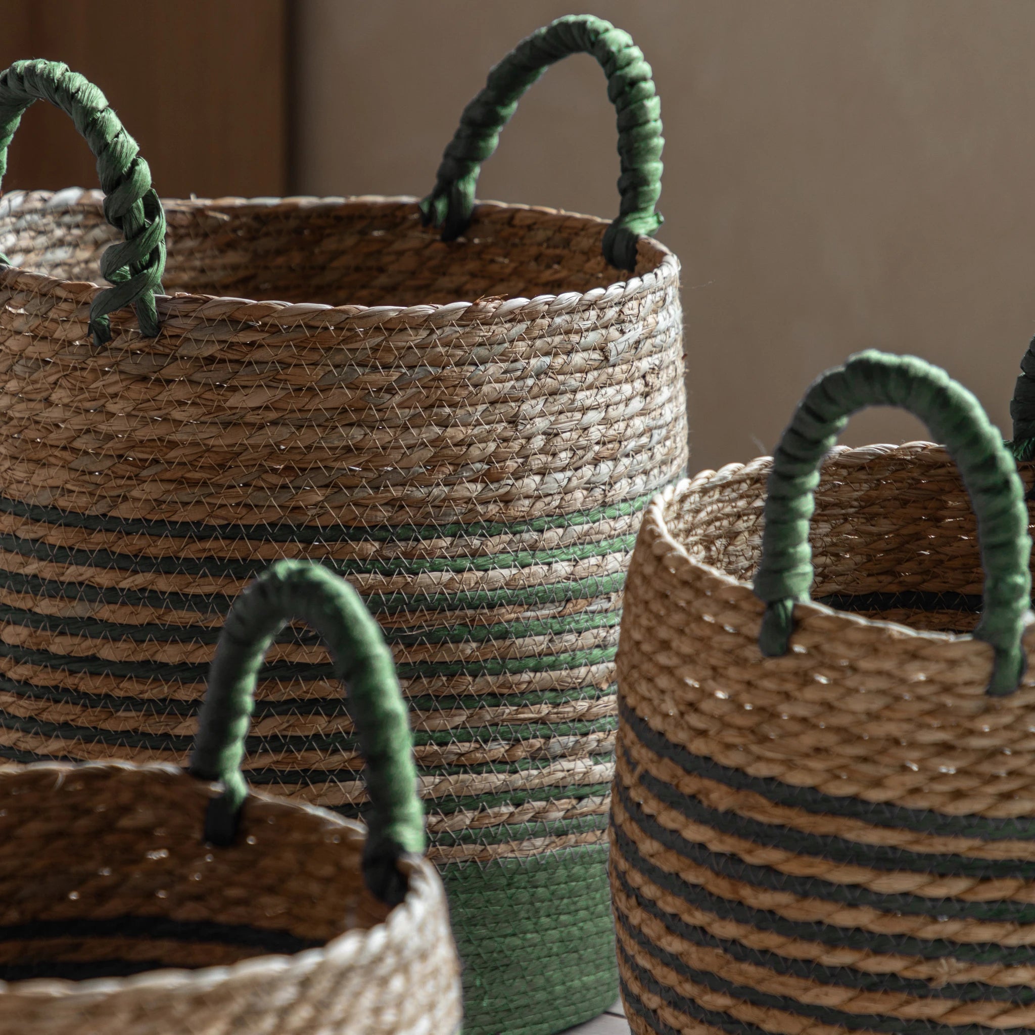Set of 3 Alderplace Seagrass Olive Green Striped Baskets