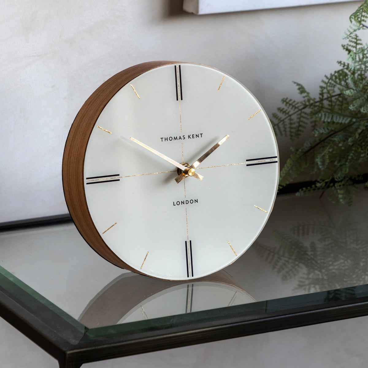 Carlisle Striped Oak Wood & White Round Mantel Clock