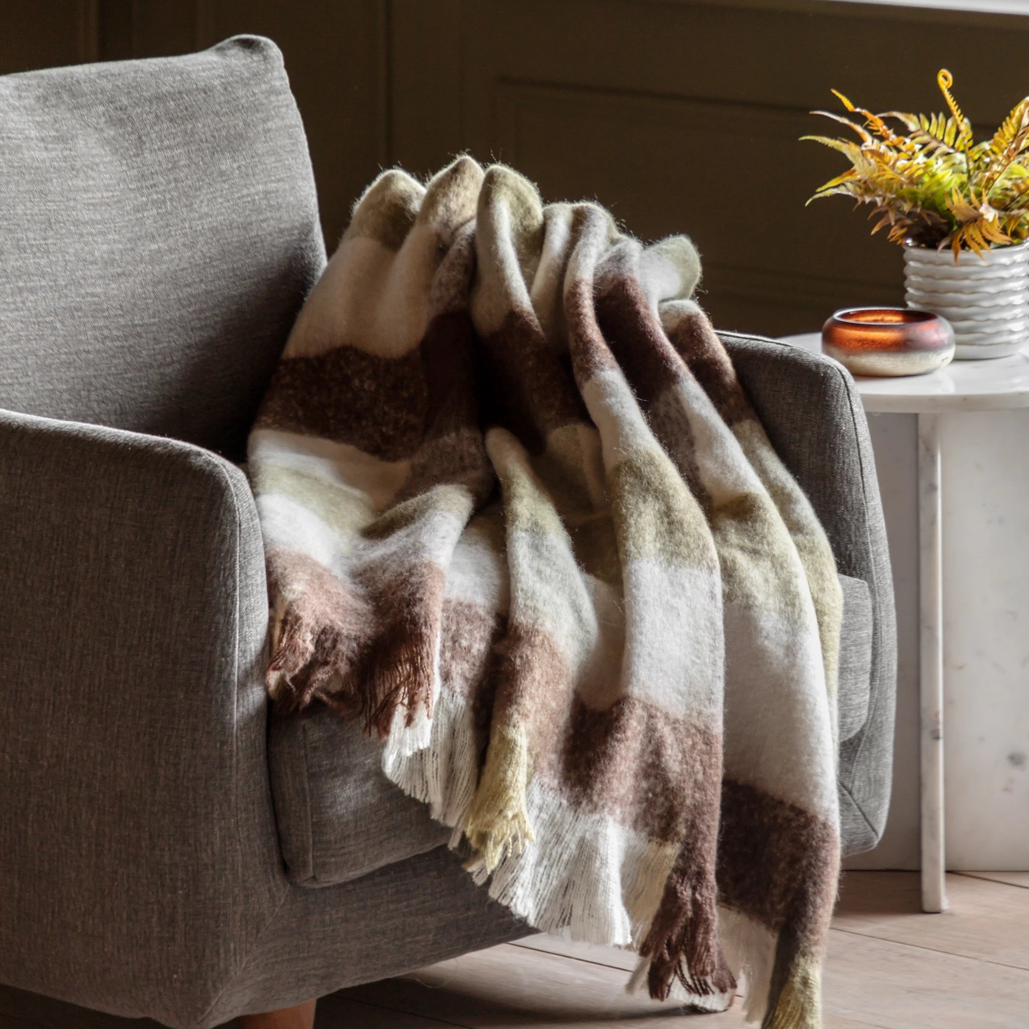 Aldercourt Check Faux Mohair Olive Green Throw