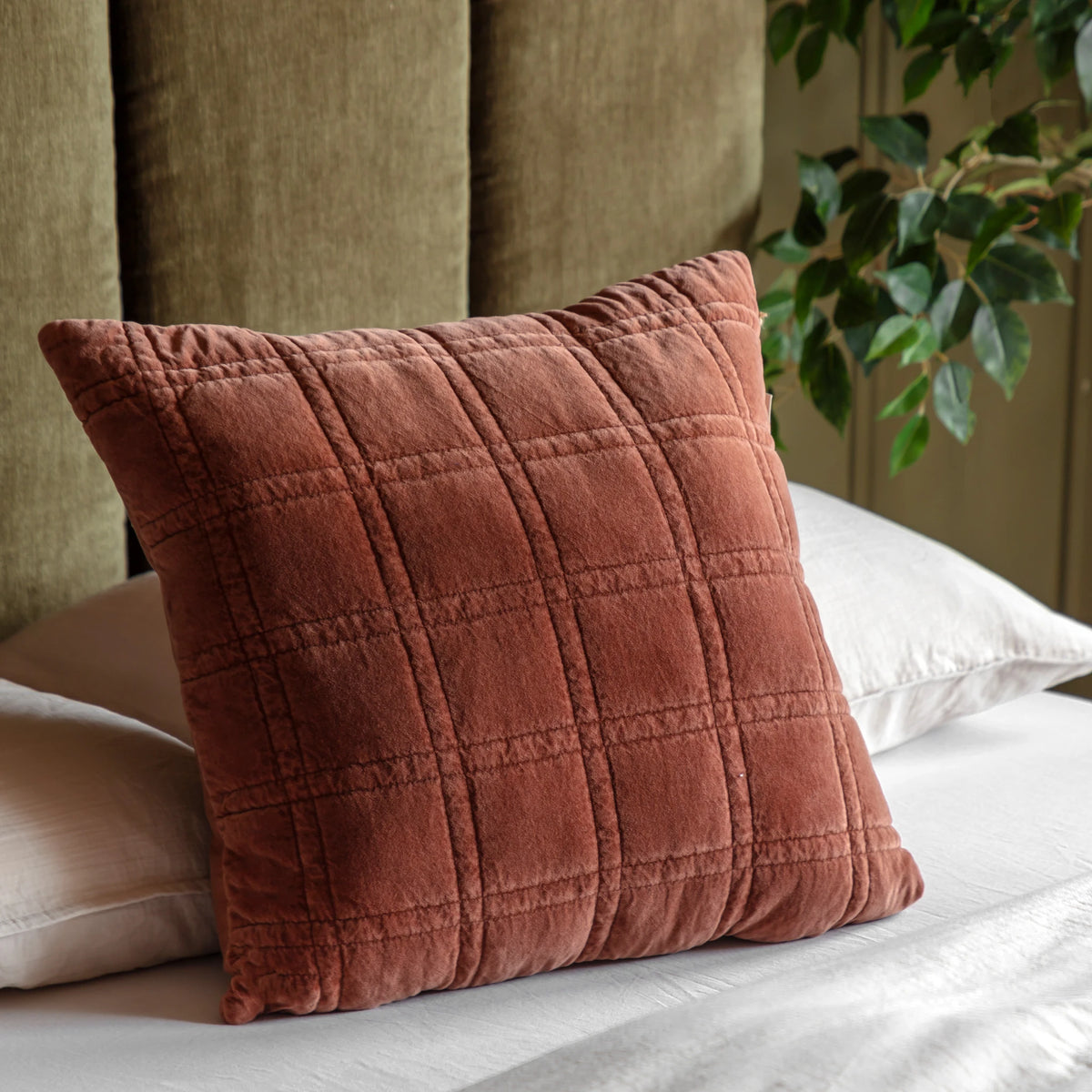 Sawyer Cotton Velvet Quilted Rust Cushion 50x50cm