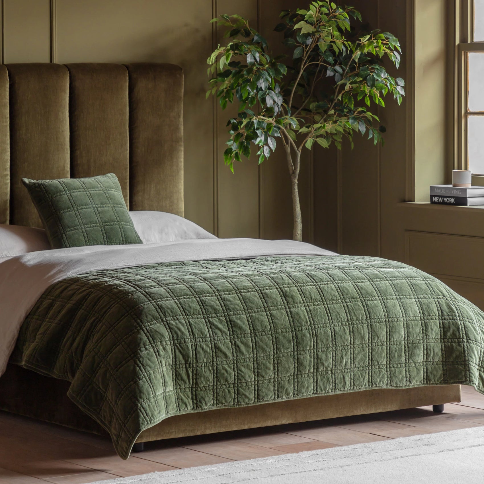 Sawyer Cotton Velvet Quilted Olive Green Bedspread