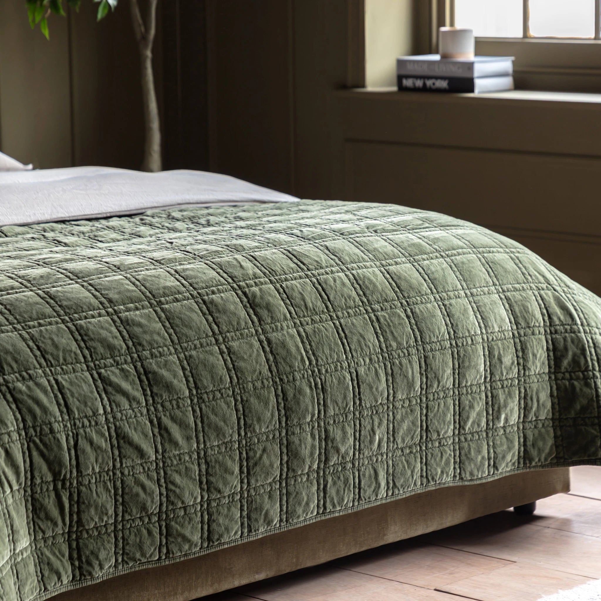 Sawyer Cotton Velvet Quilted Olive Green Bedspread