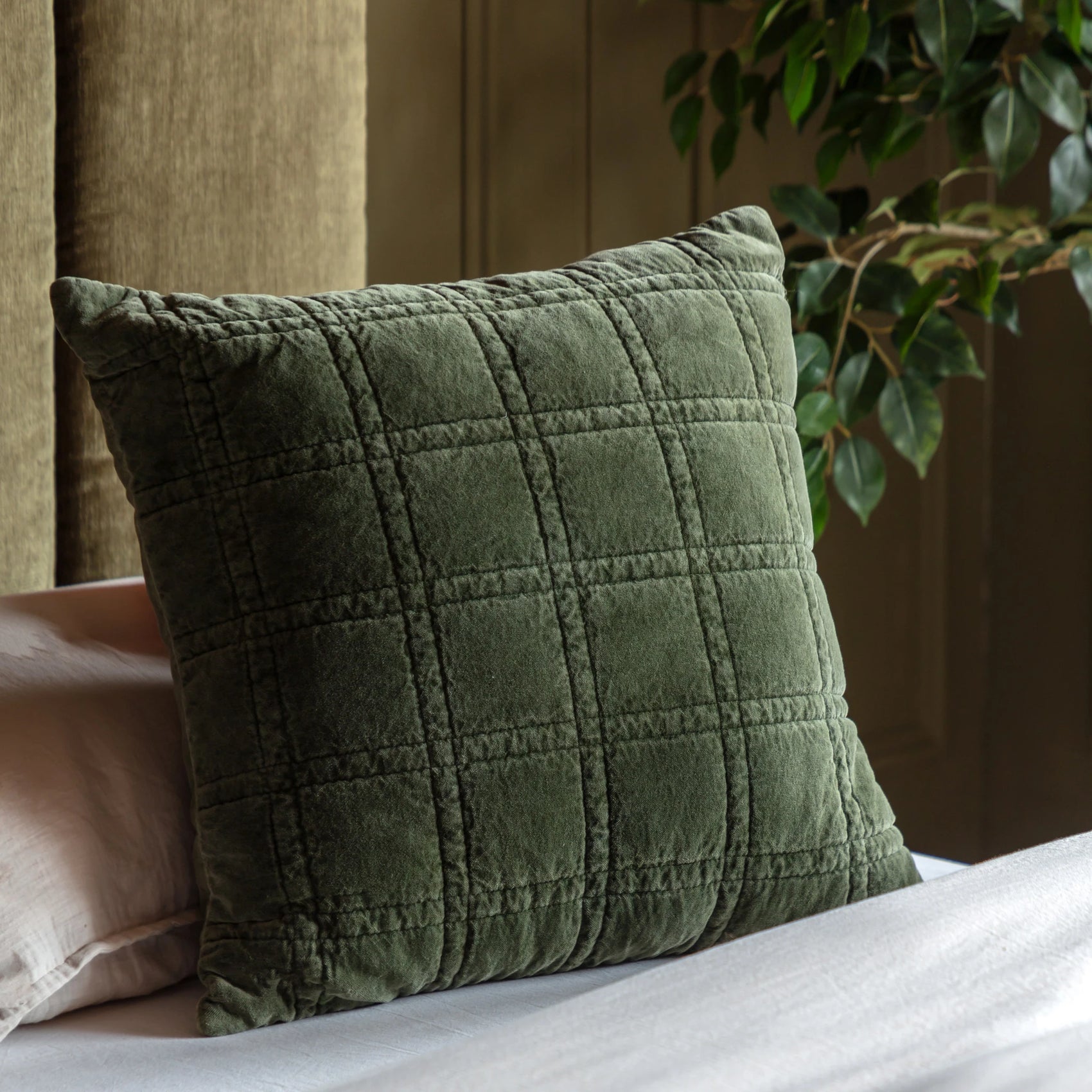 Sawyer Cotton Velvet Quilted Olive Green Cushion 50x50cm