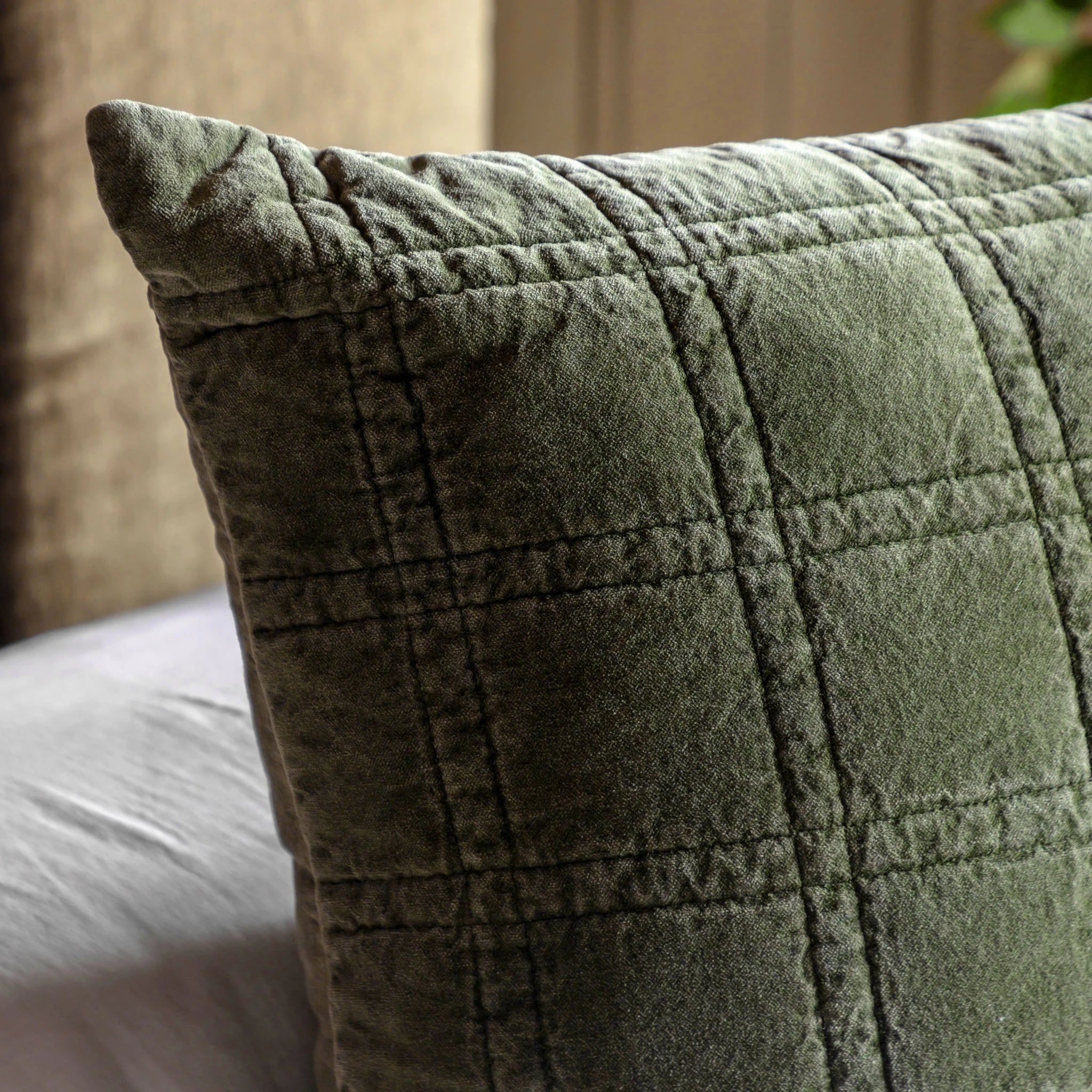Sawyer Cotton Velvet Quilted Olive Green Cushion 50x50cm