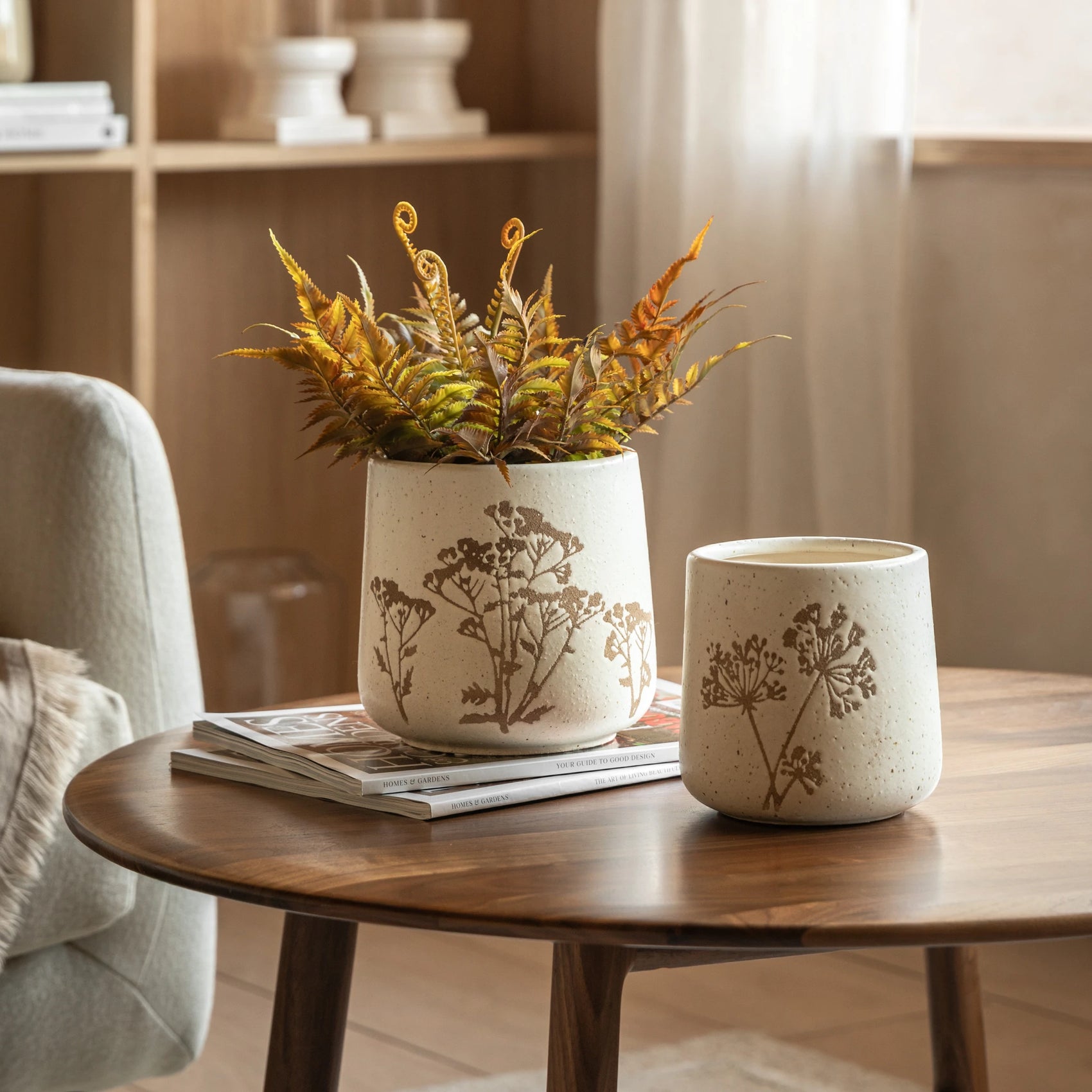 Set of 2 Dotelle Speckle Floral Natural Ceramic Planters