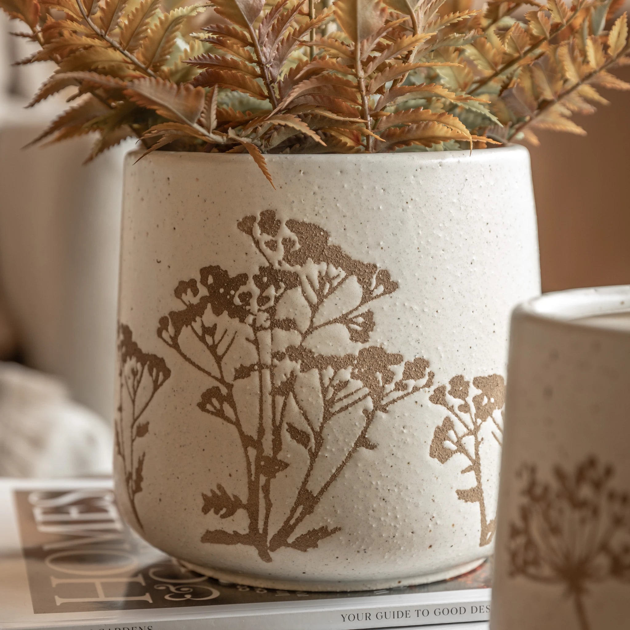 Set of 2 Dotelle Speckle Floral Natural Ceramic Planters