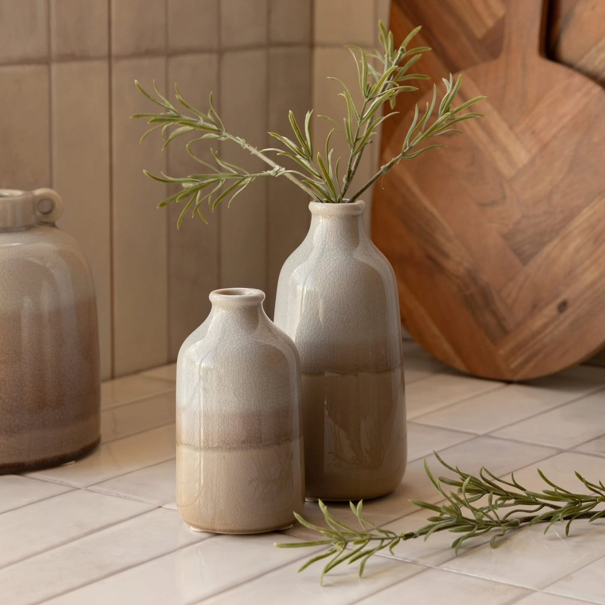 Set of 2 Cerella Crackle Glaze Natural Ceramic Bud Vases
