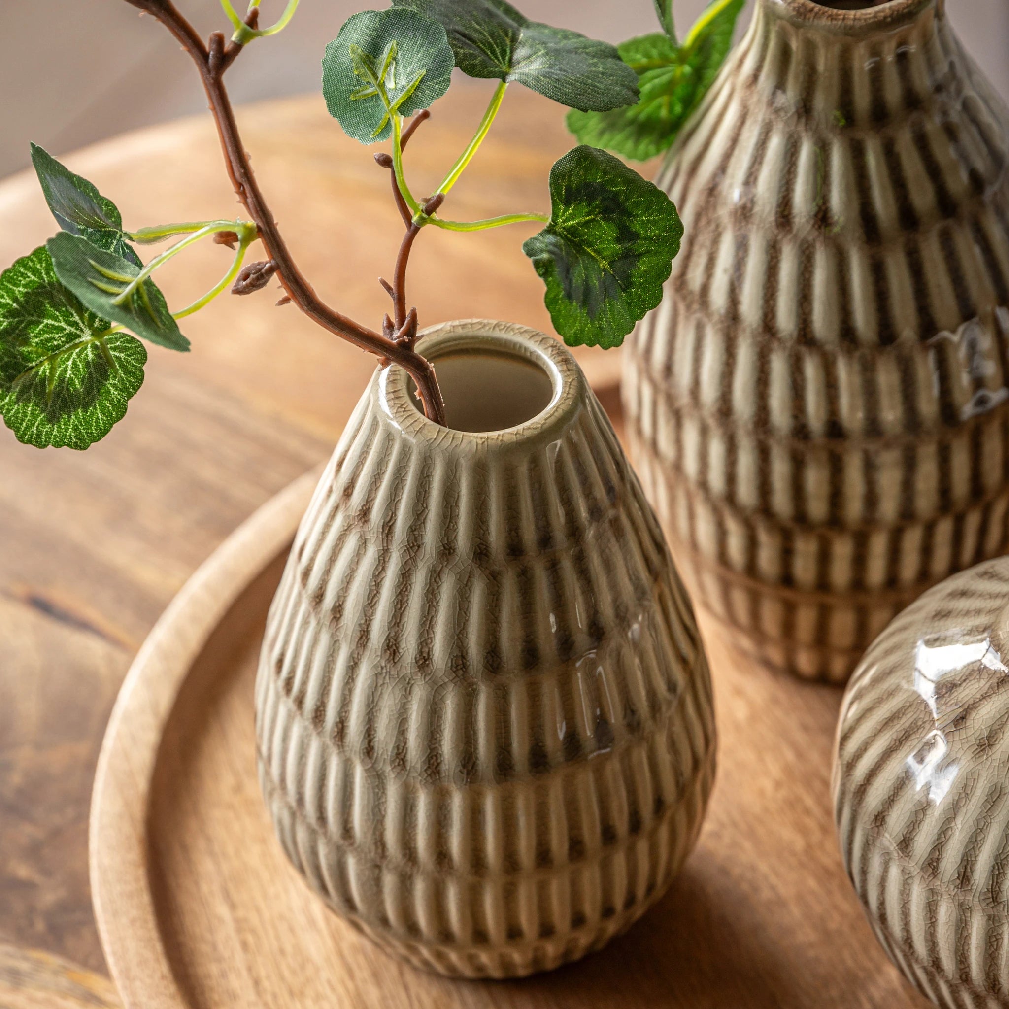 Set of 3 Terranova Ceramic Ridged Natural Bud Vases