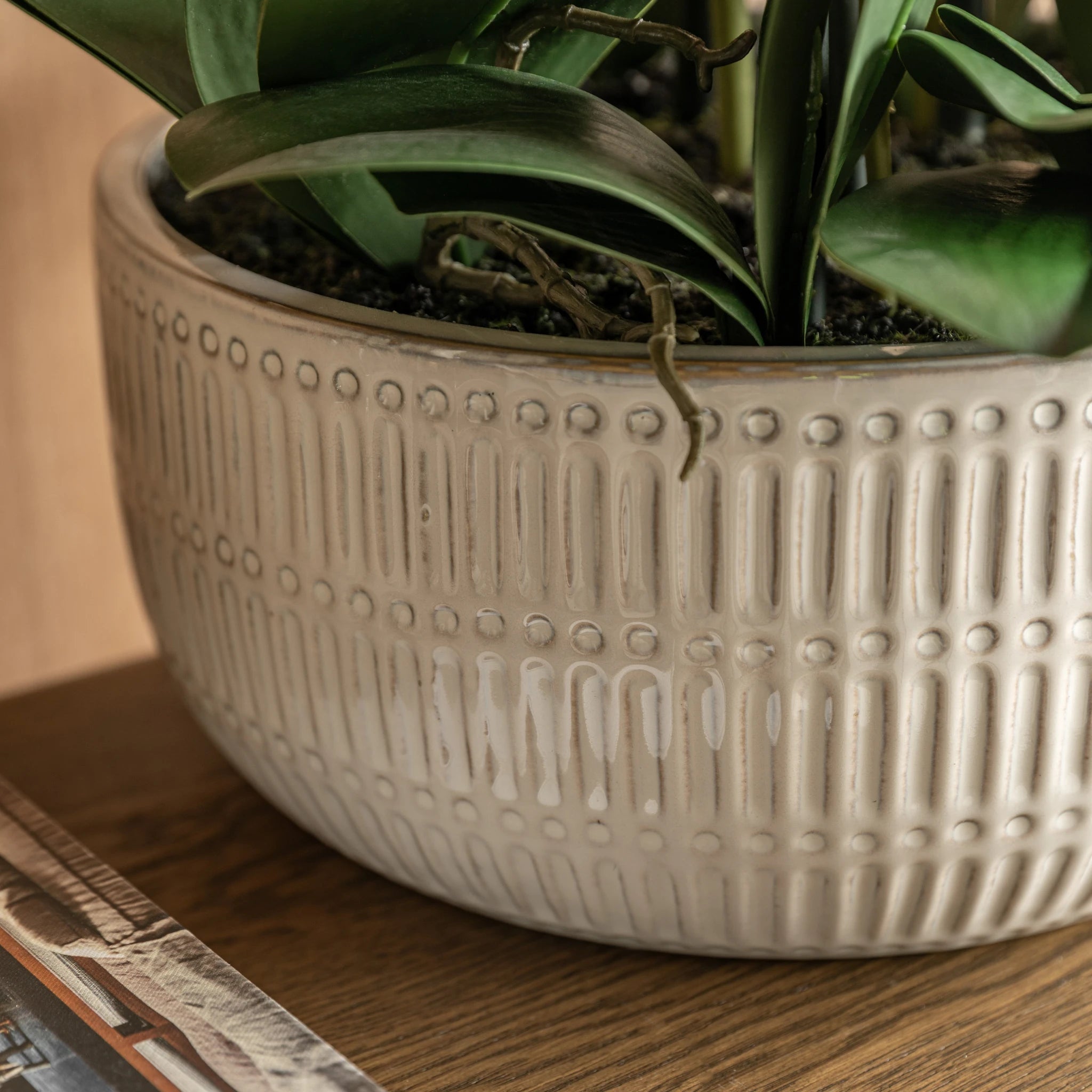 Aegeus Real Touch Plum Ridged Ceramic Pot Faux Orchid