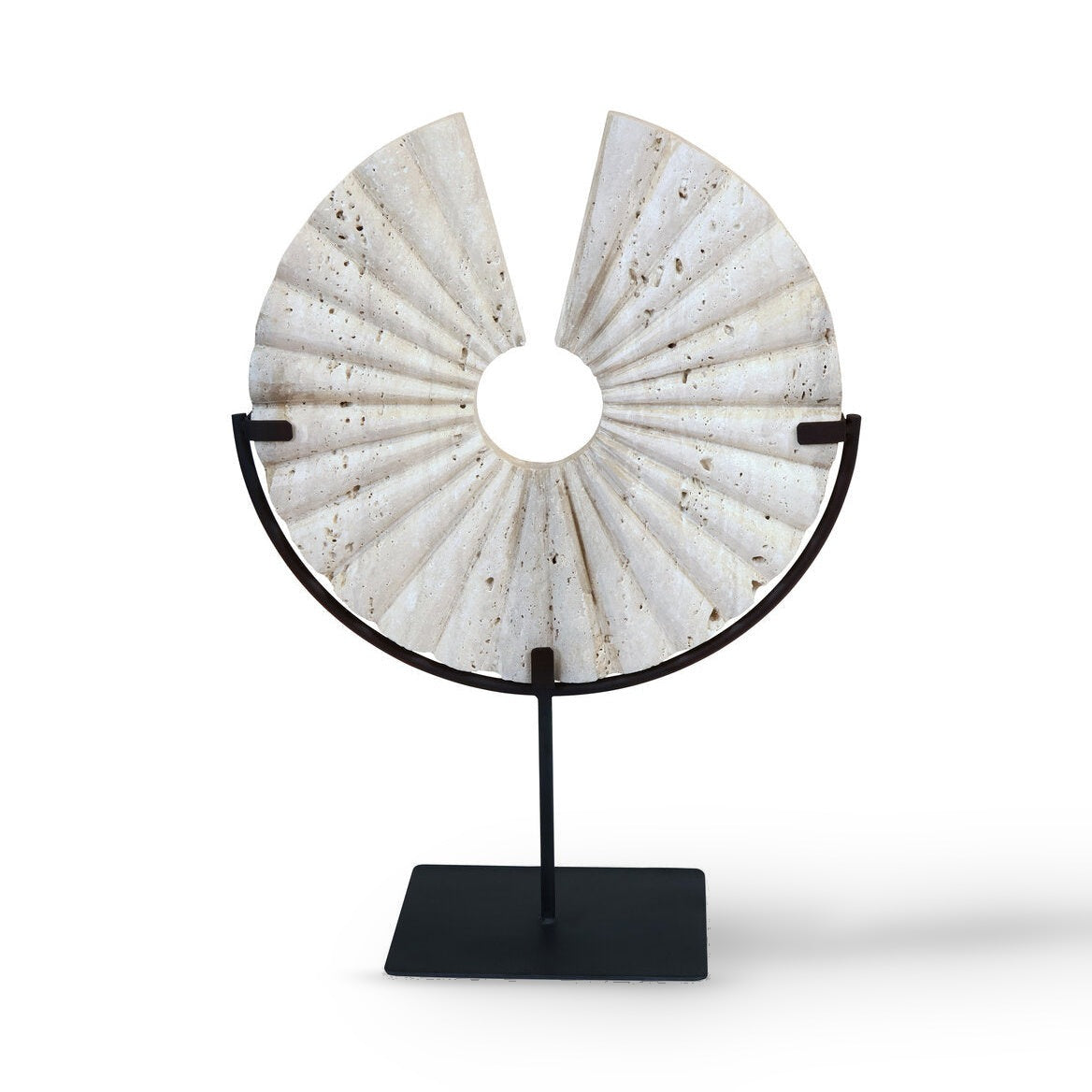 Amo Travertine Disc Sculpture with Black Metal Base